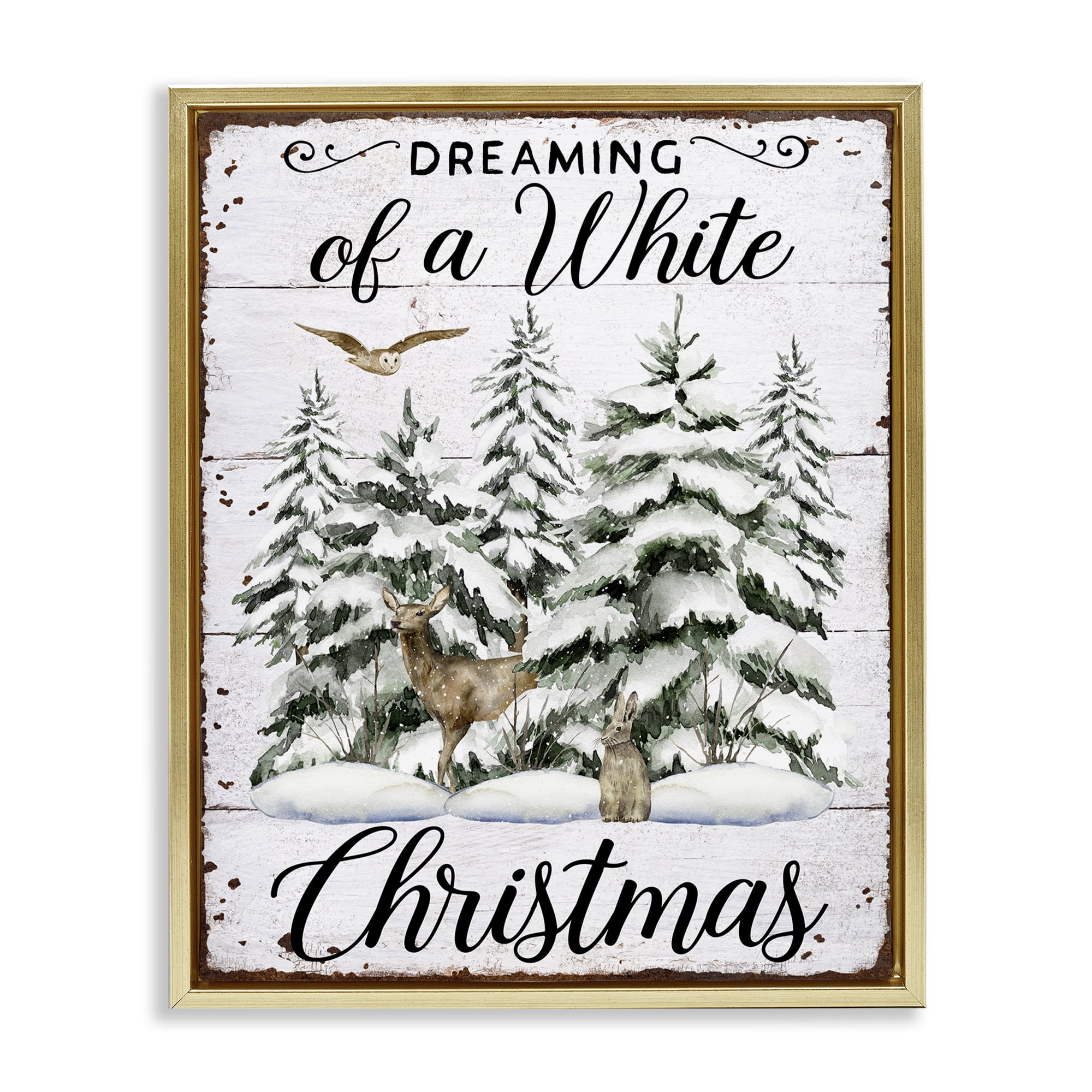 Stupell Industries White Christmas Forest Holiday Painting Gold Floater Framed Canvas Art Prints Wall Art, 25 x 31