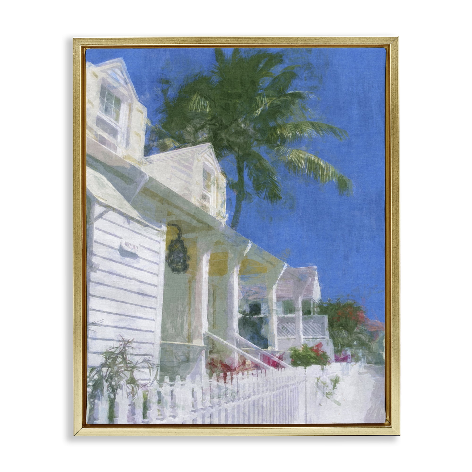 Stupell Industries White Coastal Cottage Coastal Painting Gold Floater Framed Canvas Art Print Wall Art, 25 x 31