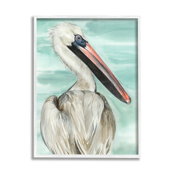 Stupell Industries White Coastal Pelican Watching Calm Water Sea Painting White Framed Art Print Wall Art, 24x30, by Jennifer Paxton Parker