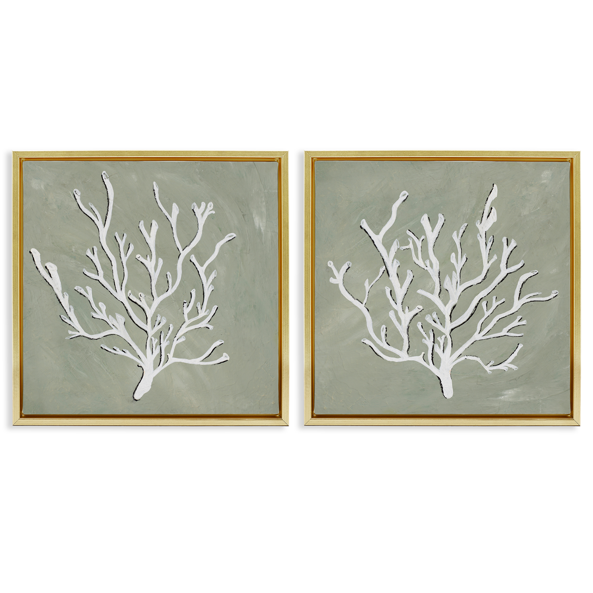 Stupell Industries White Coral Sketch Nautical & Beach Painting Gold Floater Framed Canvas Art Print Wall Art, 18 x 18, Set of 2