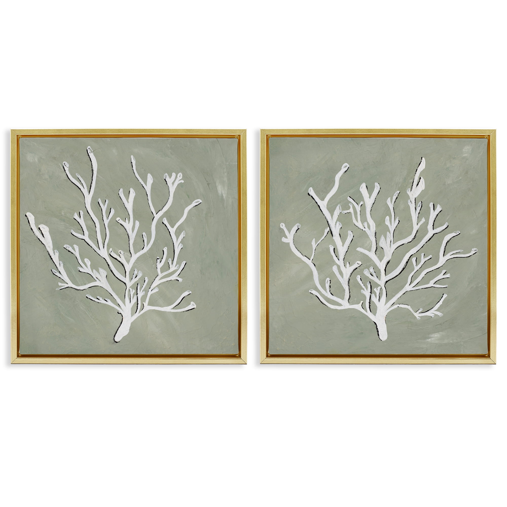 Stupell Industries White Coral Sketch Nautical & Beach Painting Gold Floater Framed Canvas Art Print Wall Art, 25 x 25, Set of 2