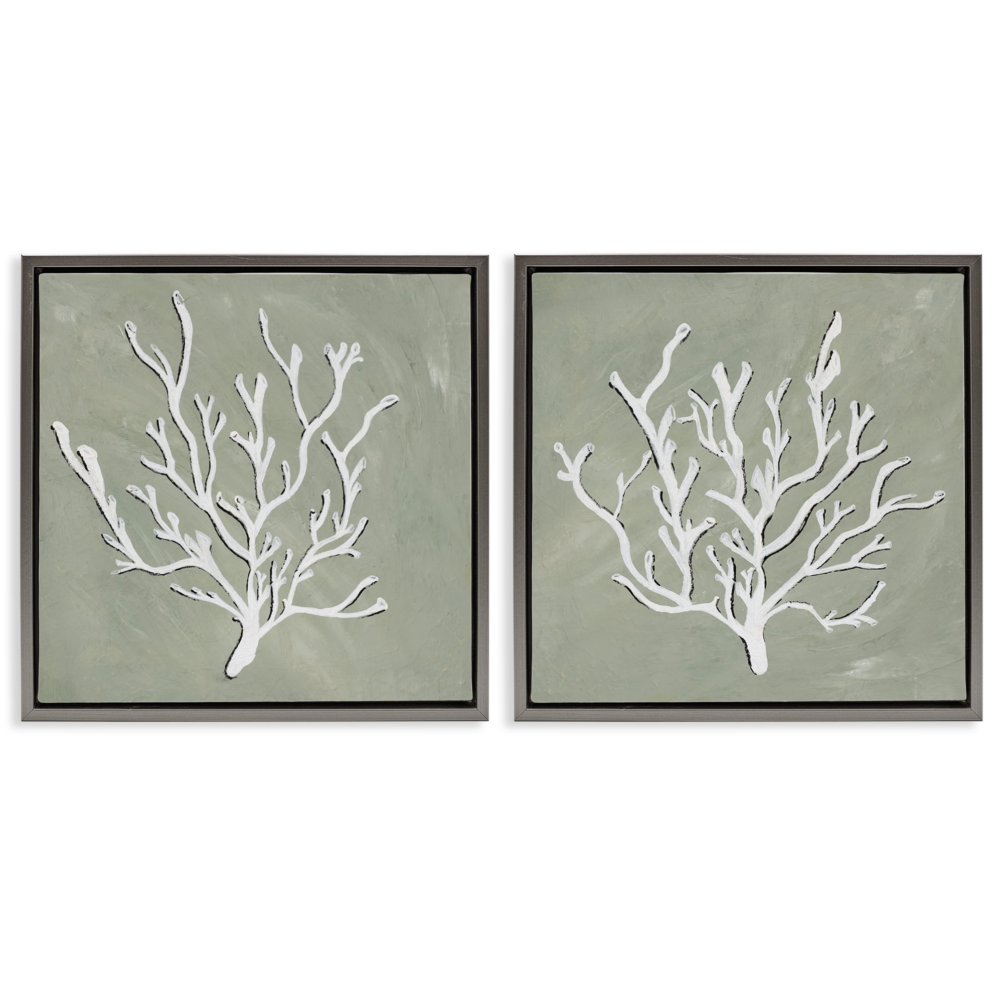 Stupell Industries White Coral Sketch Nautical & Beach Painting Gray Floater Framed Canvas Art Print Wall Art, 18 x 18, Set of 2