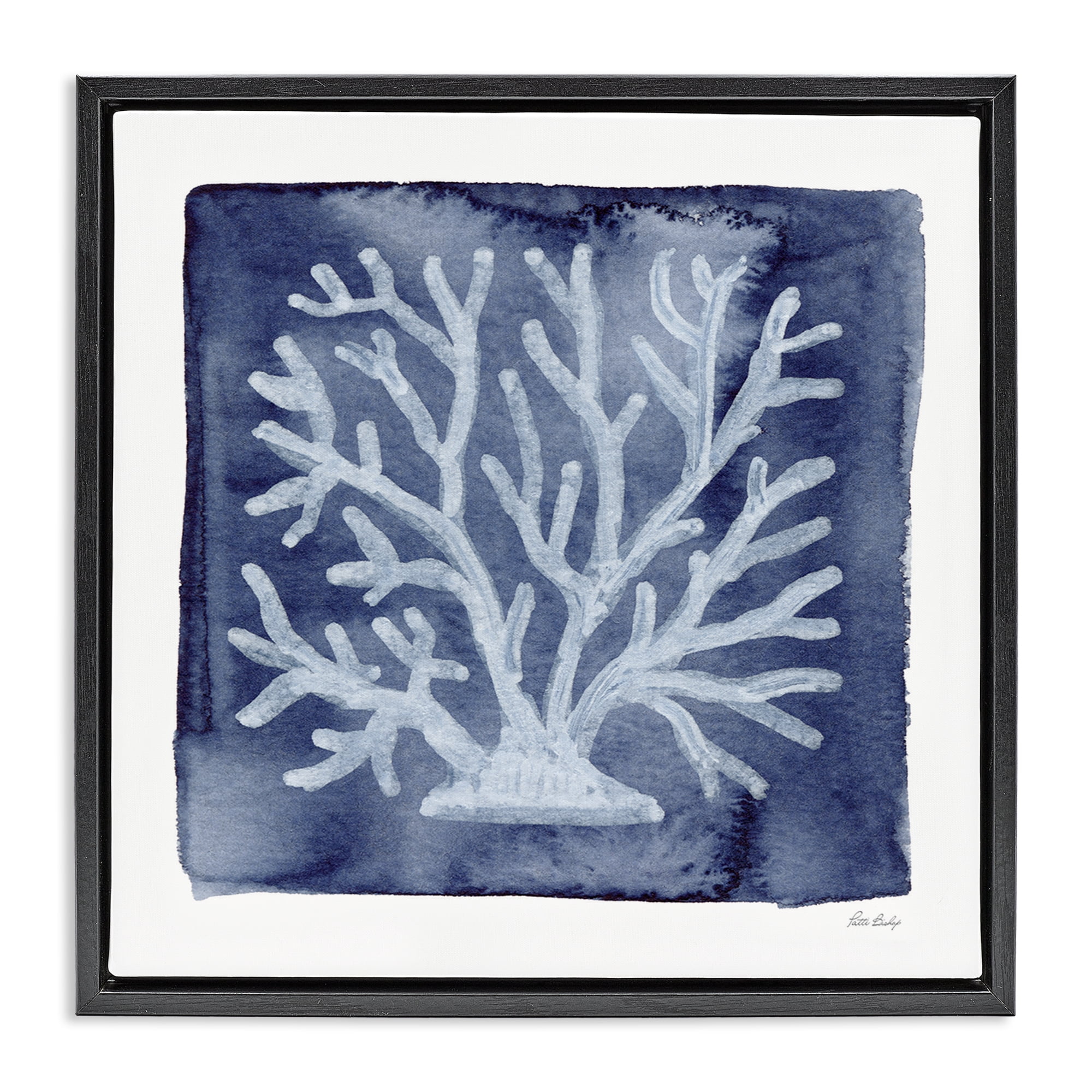 Stupell Industries White Coral on Indigo Black Framed Floater Canvas Wall Art, design by Patti Bishop