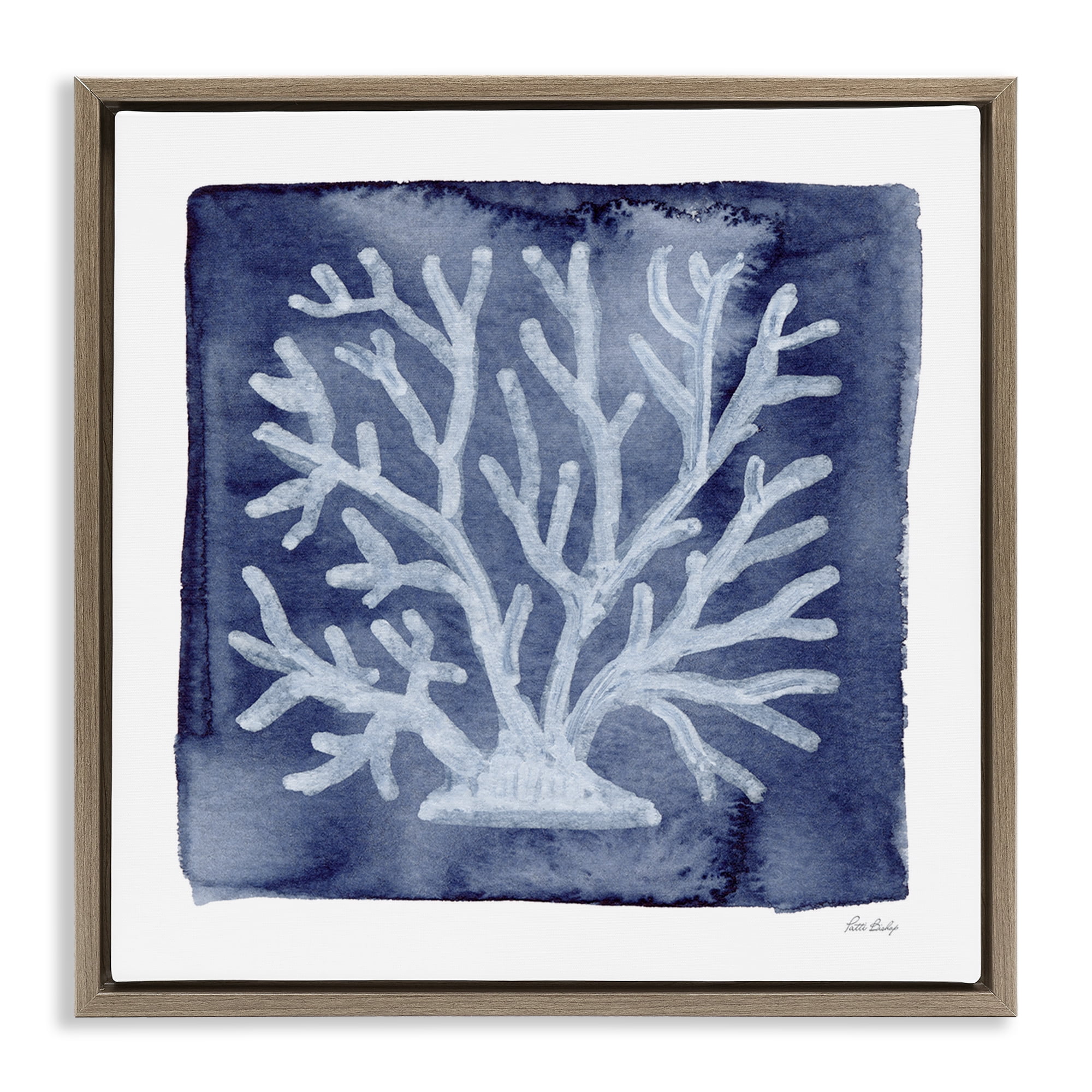 Stupell Industries White Coral on Indigo Brown Framed Floater Canvas Wall Art, design by Patti Bishop