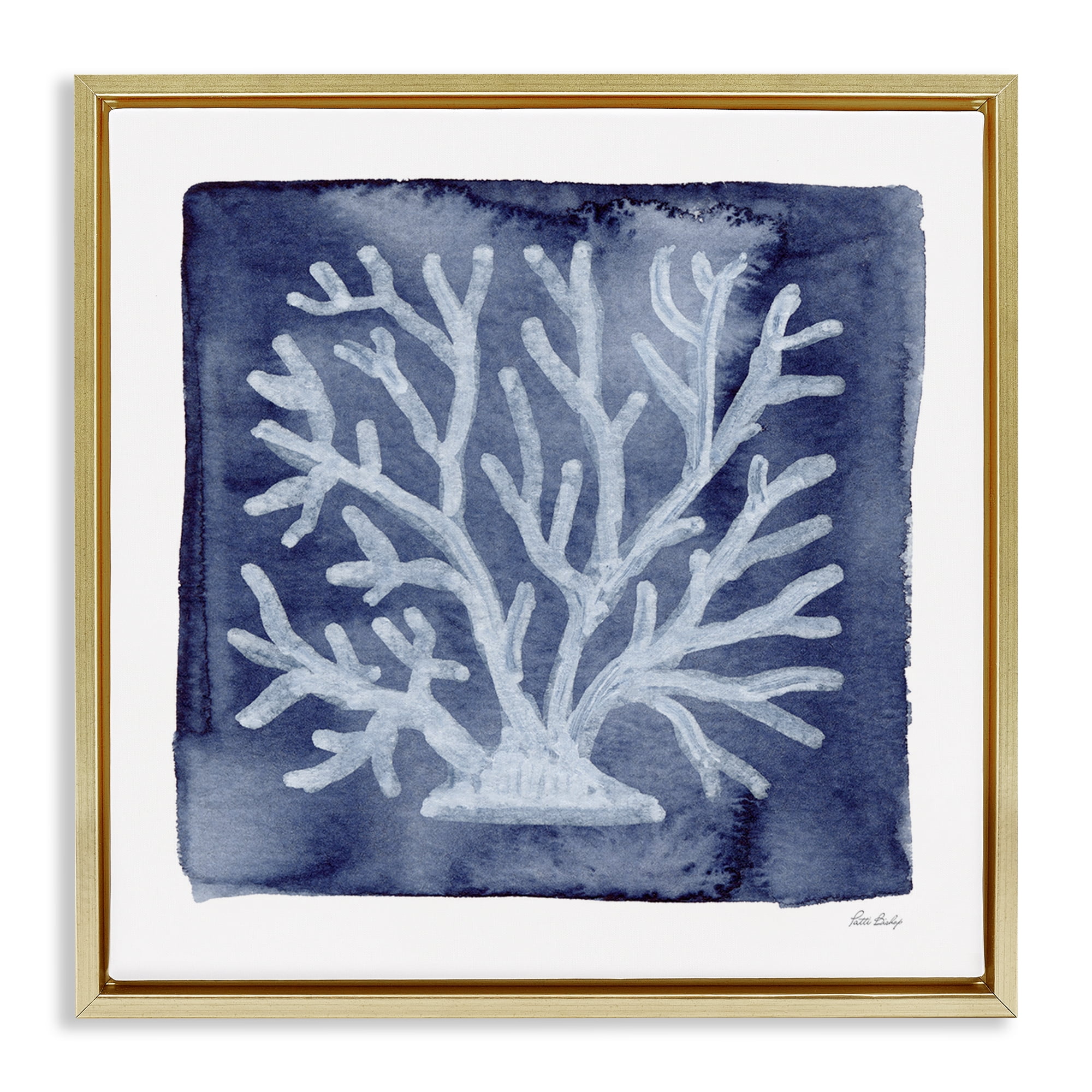 Stupell Industries White Coral on Indigo Gold Framed Floater Canvas Wall Art, design by Patti Bishop