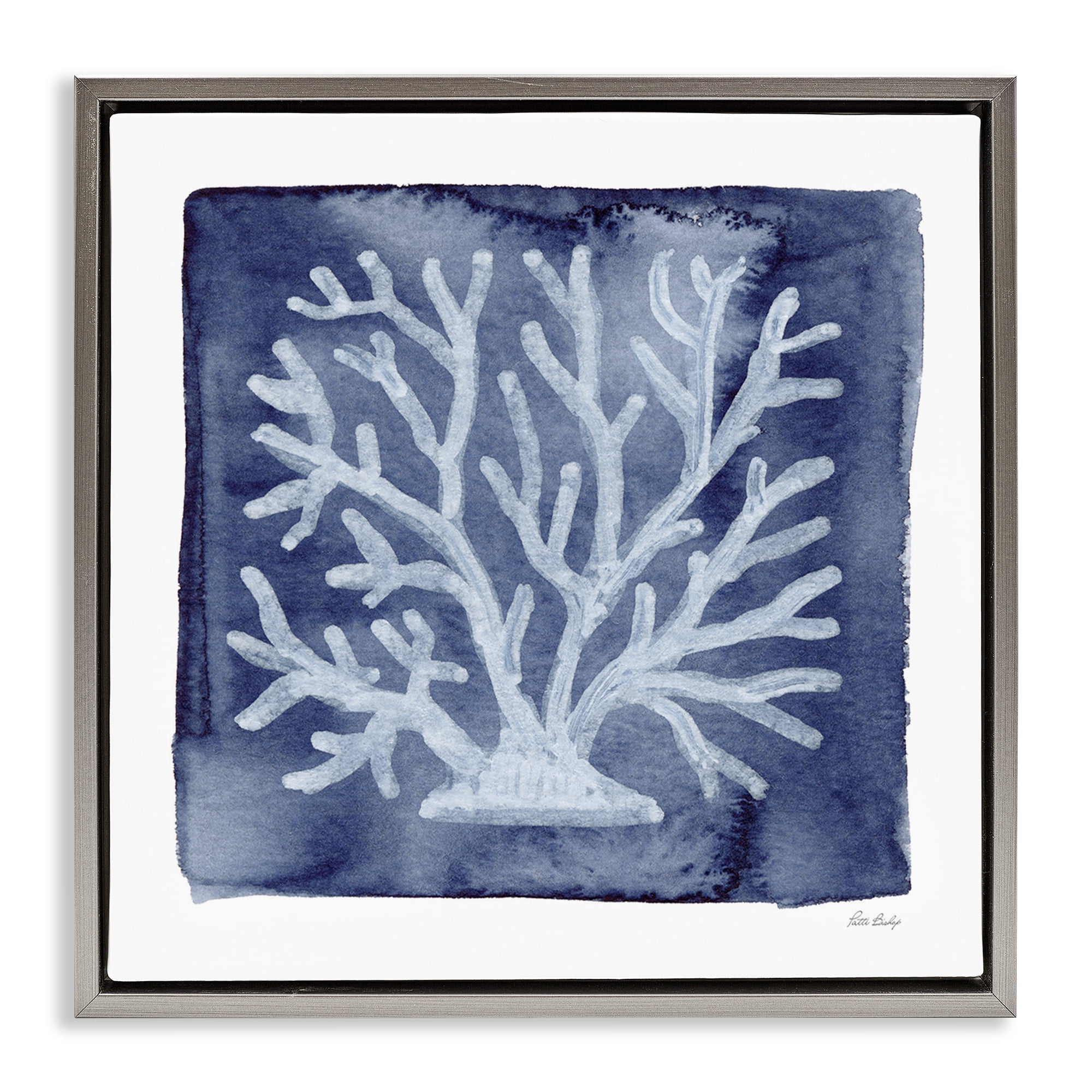 Stupell Industries White Coral on Indigo Gray Framed Floater Canvas Wall Art, design by Patti Bishop
