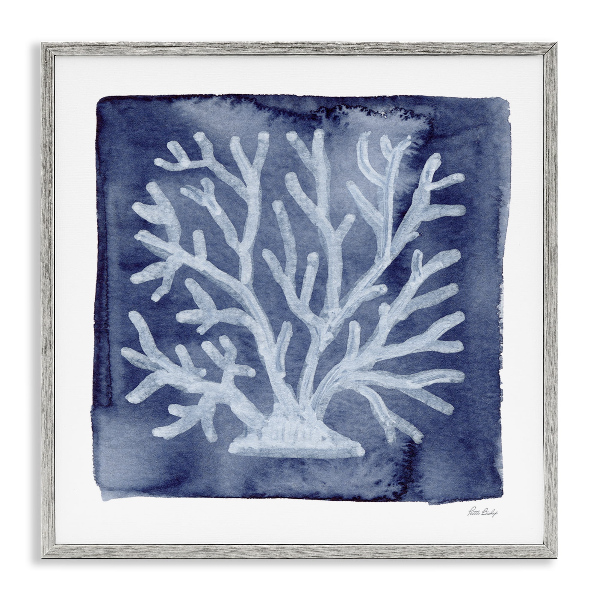 Stupell Industries White Coral on Indigo Gray Framed Giclee Art, design by Patti Bishop