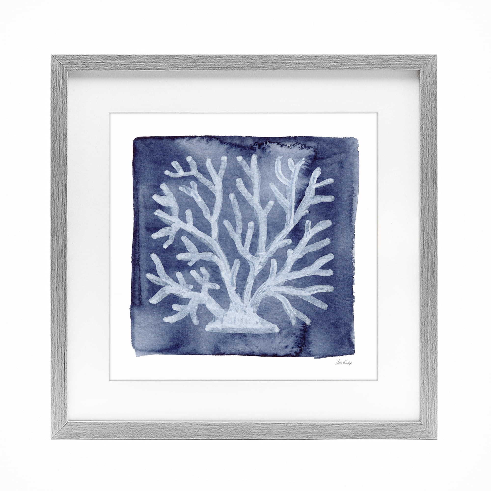 Stupell Industries White Coral on Indigo Gray Framed Print Under Glass, design by Patti Bishop