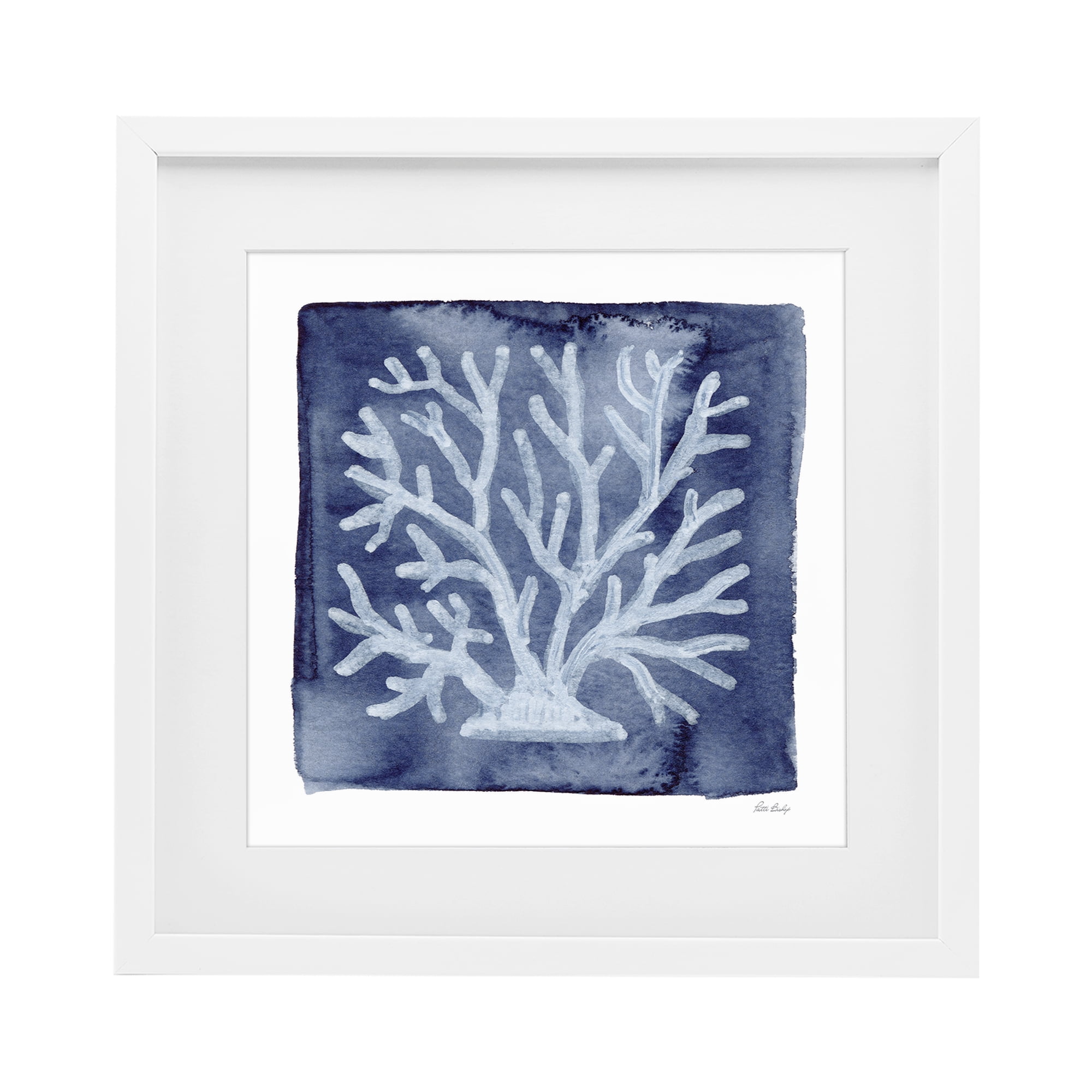 Stupell Industries White Coral on Indigo White Framed Print Under Glass, design by Patti Bishop