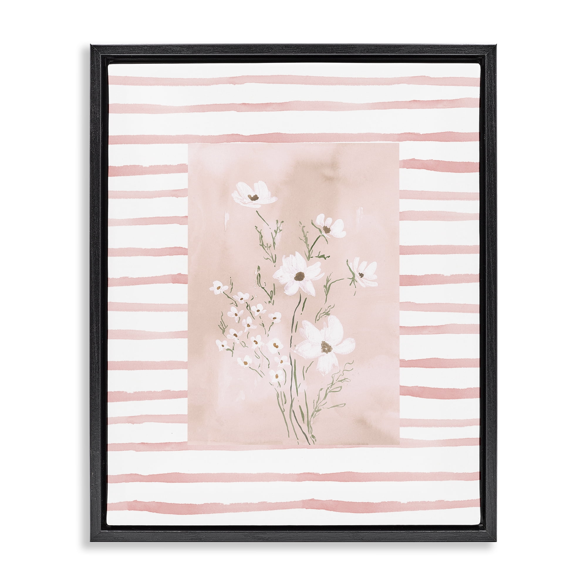Stupell Industries White Cosmos on Pink Stripes Black Framed Floater Canvas Wall Art, design by Lucille Price