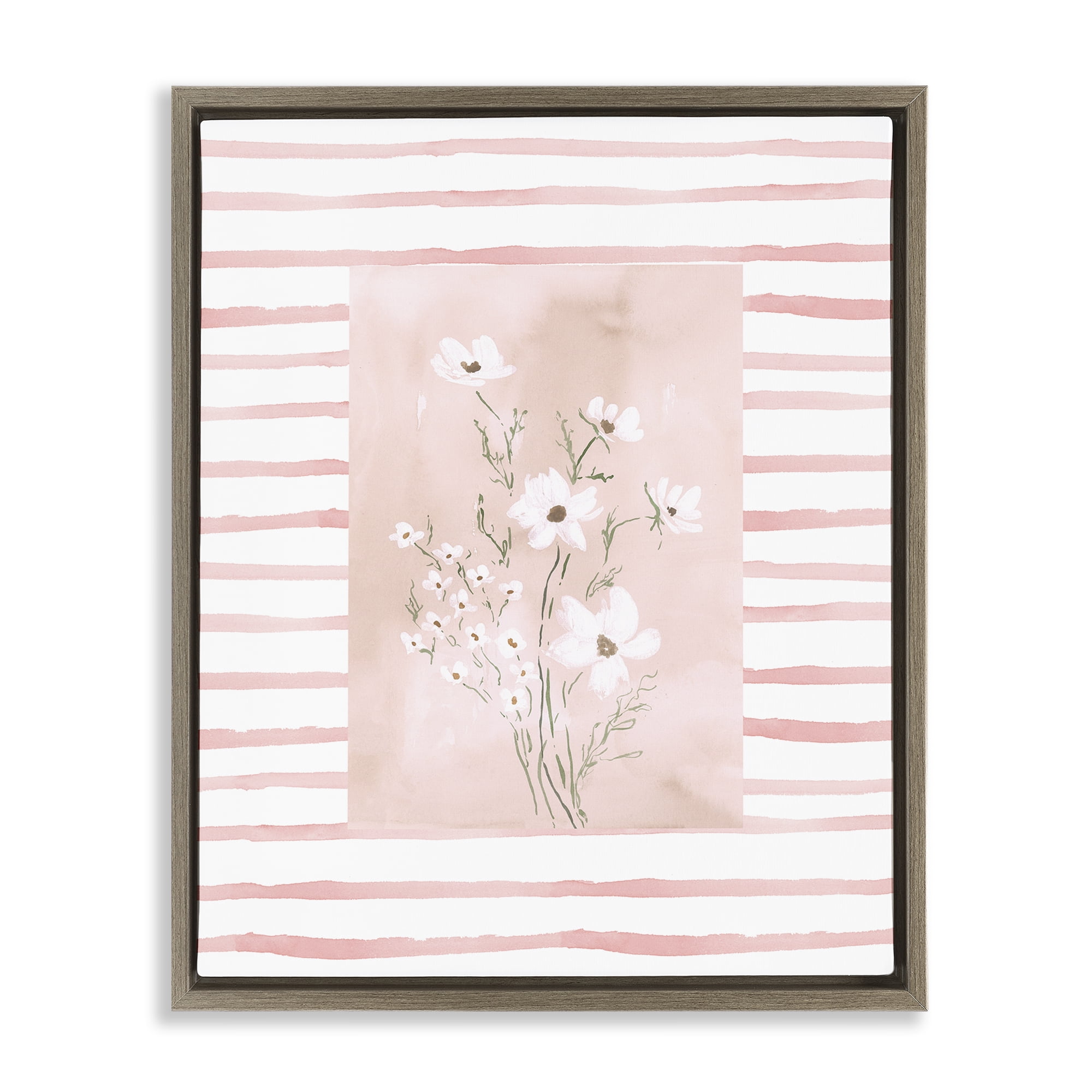 Stupell Industries White Cosmos on Pink Stripes Brown Framed Floater Canvas Wall Art, design by Lucille Price