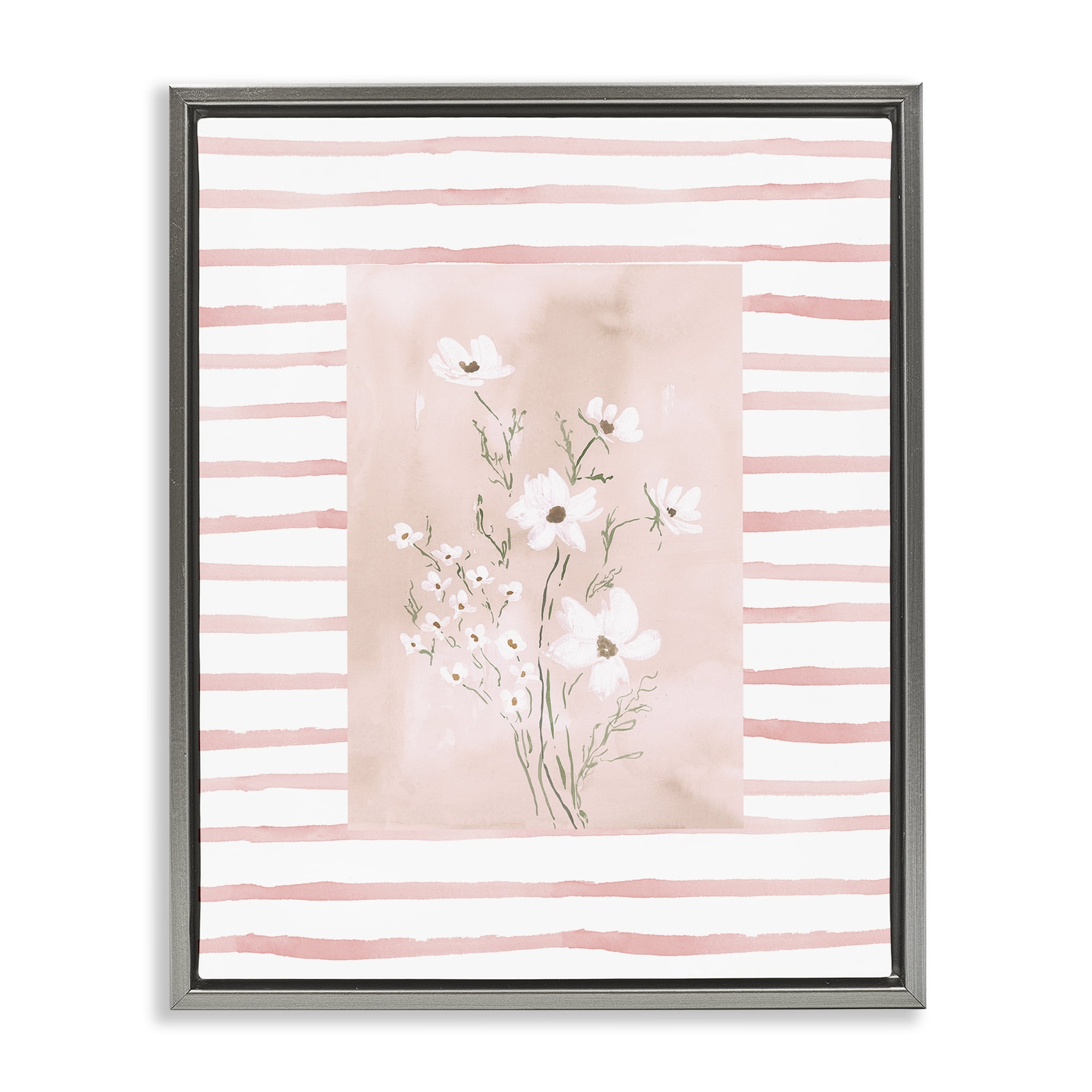 Stupell Industries White Cosmos on Pink Stripes Gray Framed Floater Canvas Wall Art, design by Lucille Price