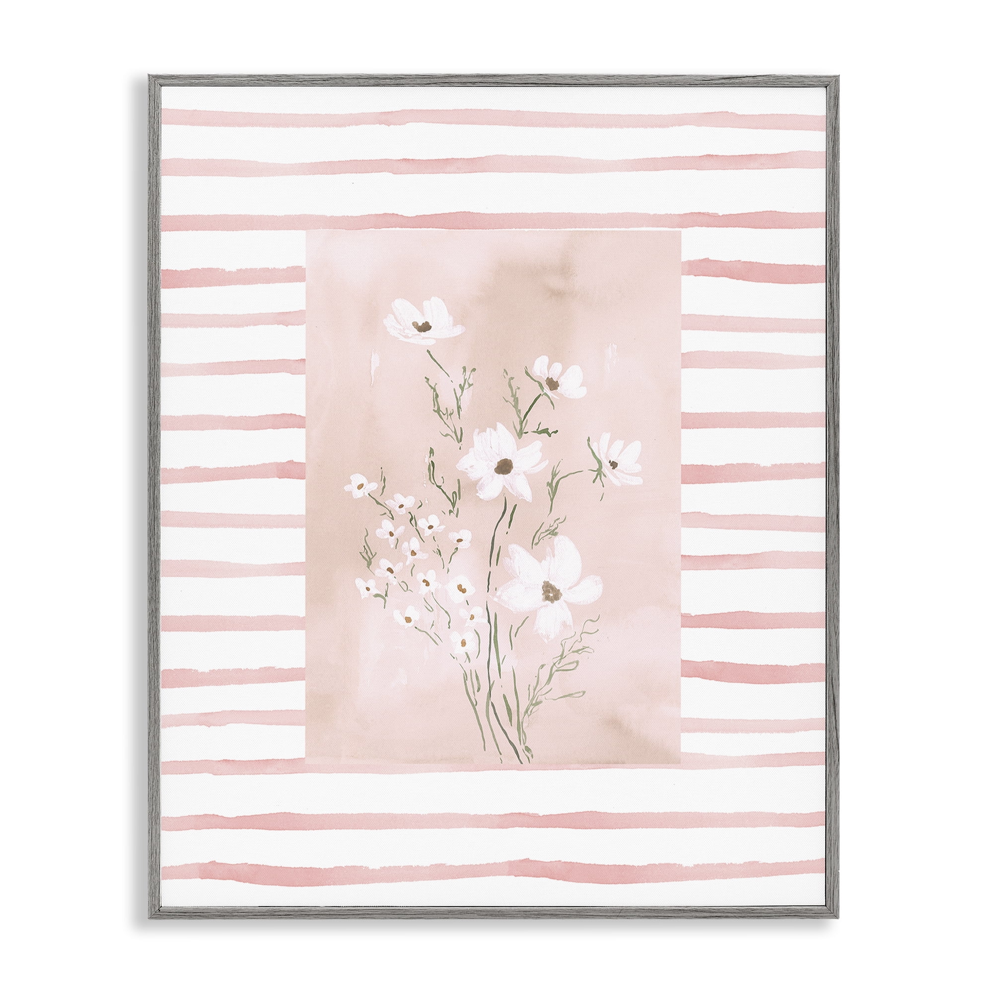 Stupell Industries White Cosmos on Pink Stripes Gray Framed Giclee Art, design by Lucille Price