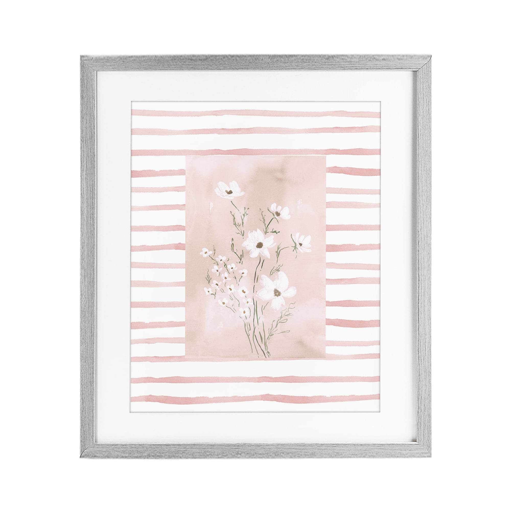 Stupell Industries White Cosmos on Pink Stripes Gray Framed Print Under Glass, design by Lucille Price