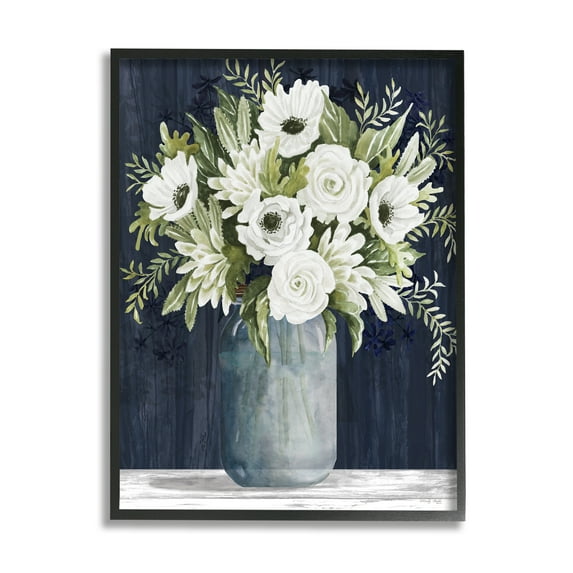 Stupell Industries White Country Blooms Botanical & Floral Painting Black Framed Art Print Wall Art, 24 x 30