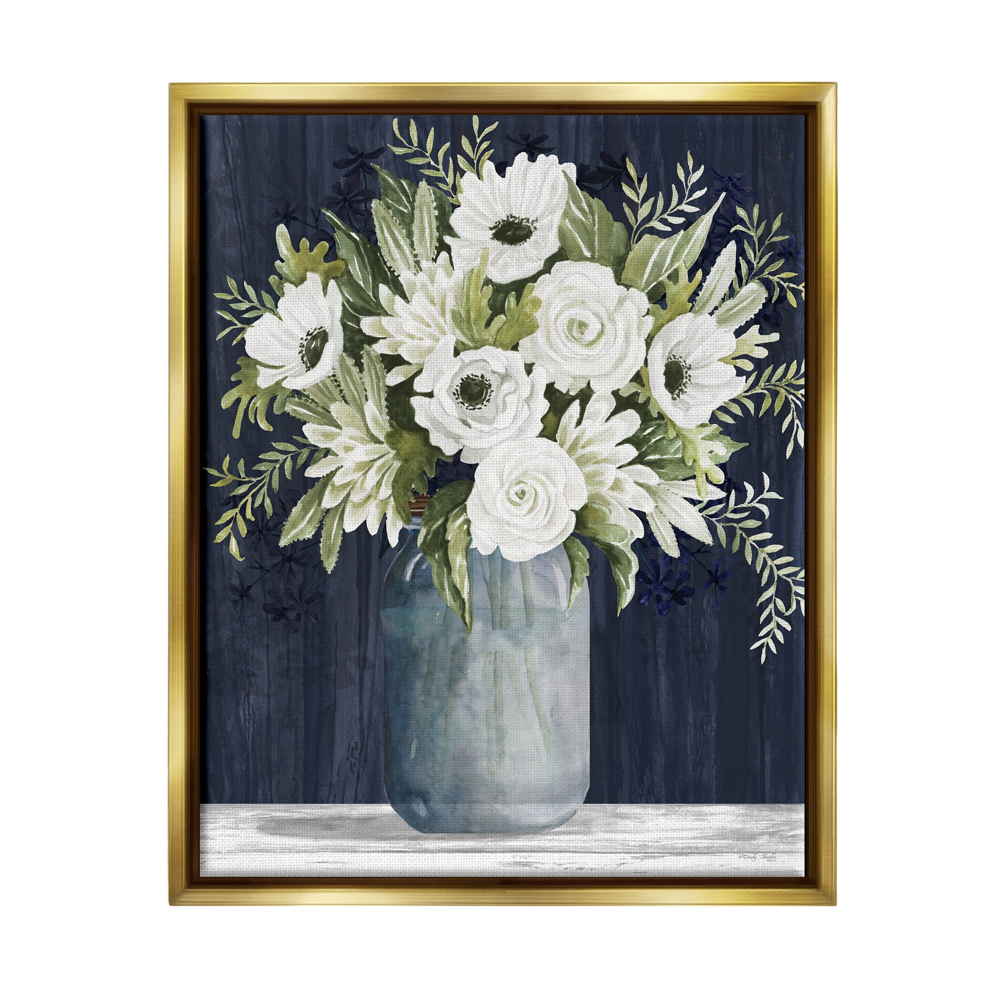 Stupell Industries White Country Blooms Botanical & Floral Painting Gold Floater Framed Art Print Wall Art, 25 x 31