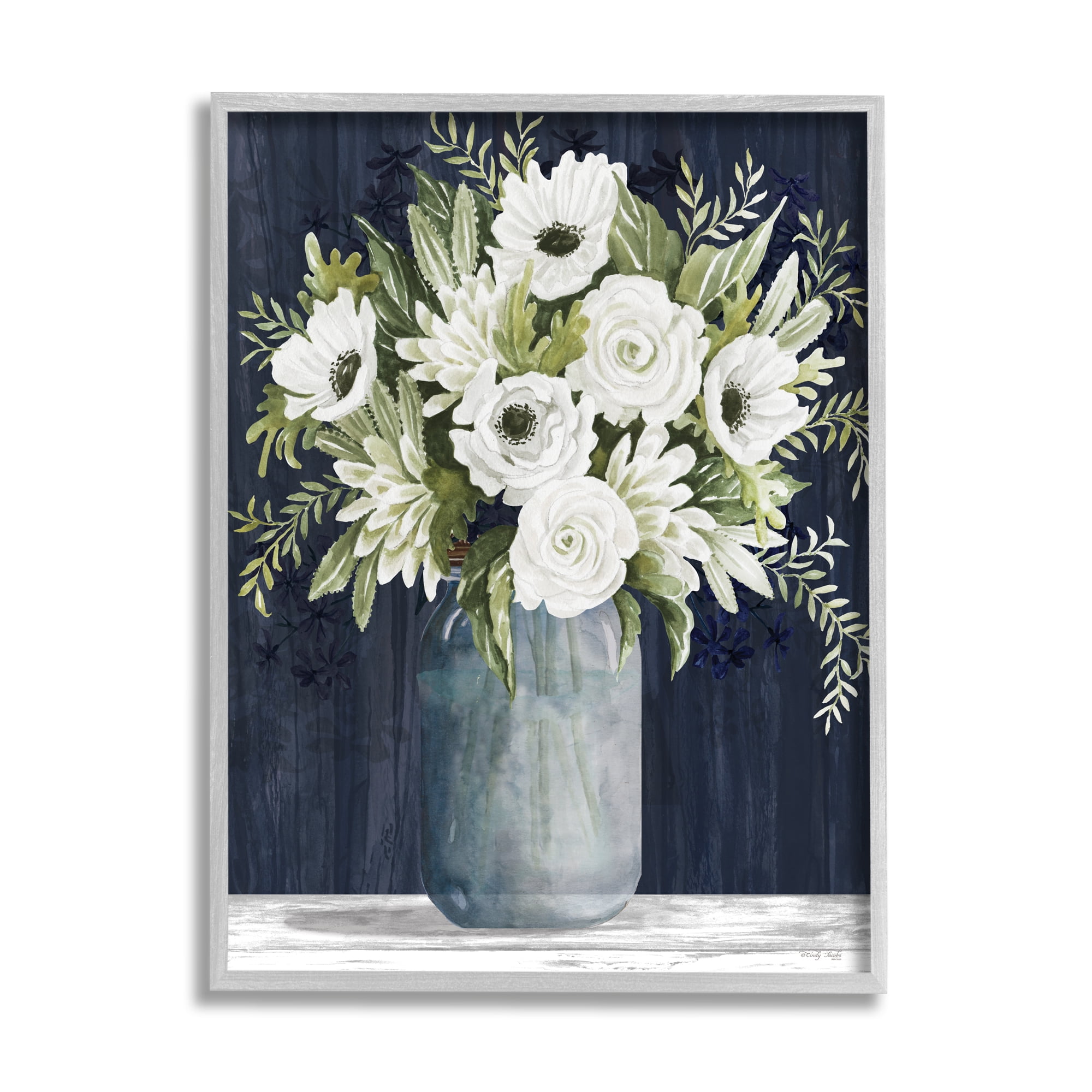 Stupell Industries White Country Blooms Botanical & Floral Painting Gray Framed Art Print Wall Art, 16 x 20