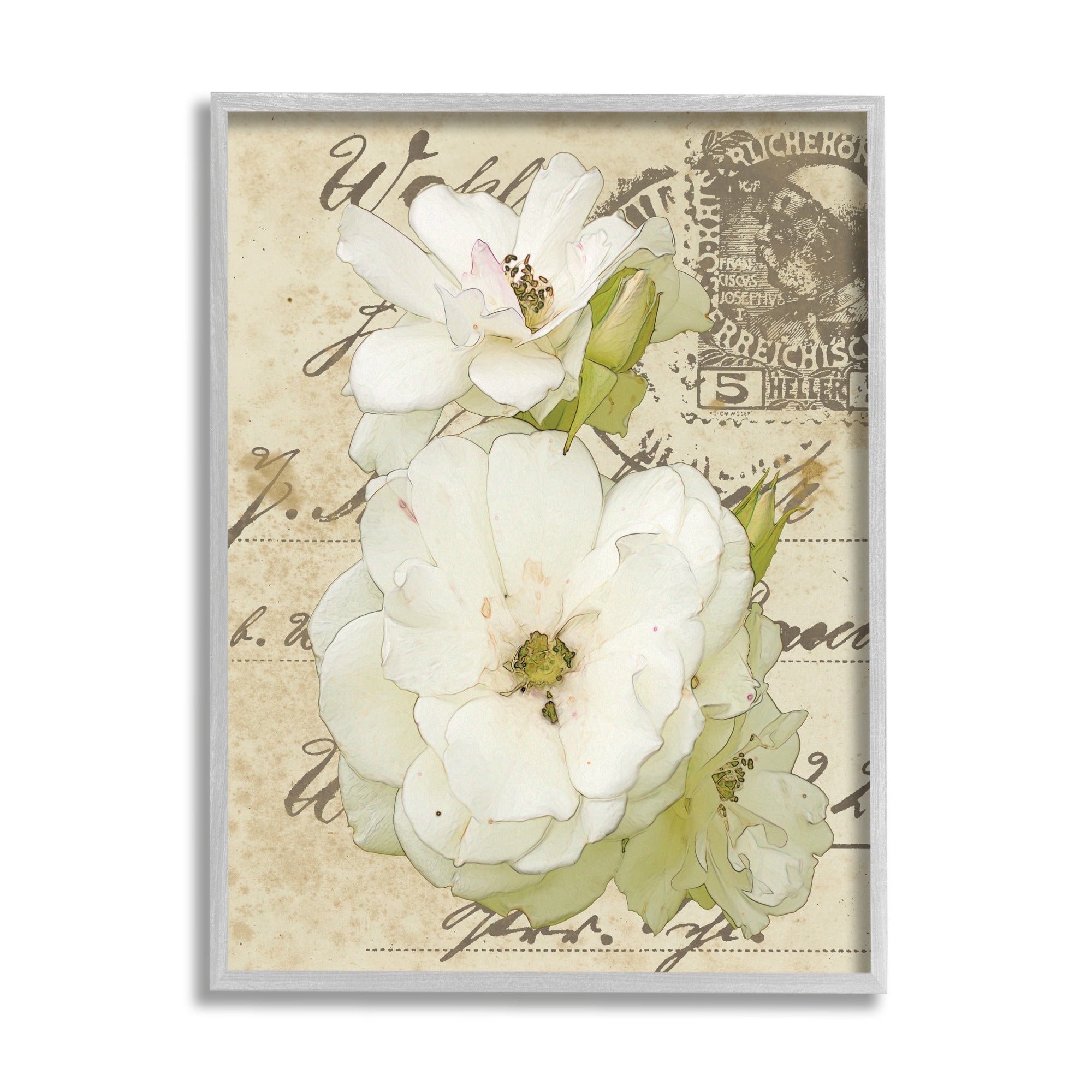 Stupell Industries White Country Florals over Vintage Postal Card,16 x 20,Designed by Alonzo Saunders