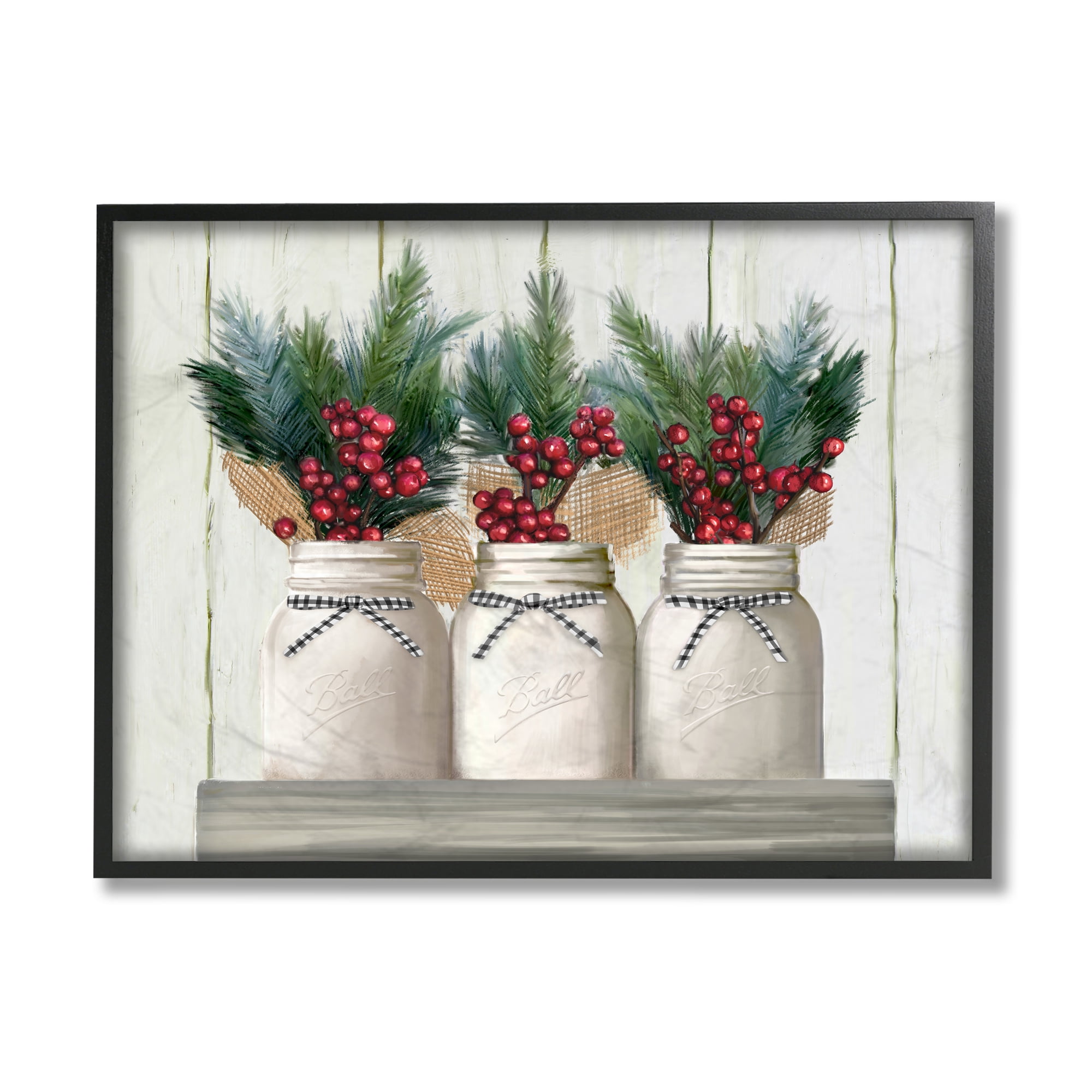 Stupell Industries White Country Jars with Christmas Berry Bouquets Black Framed Design by Ziwei Li