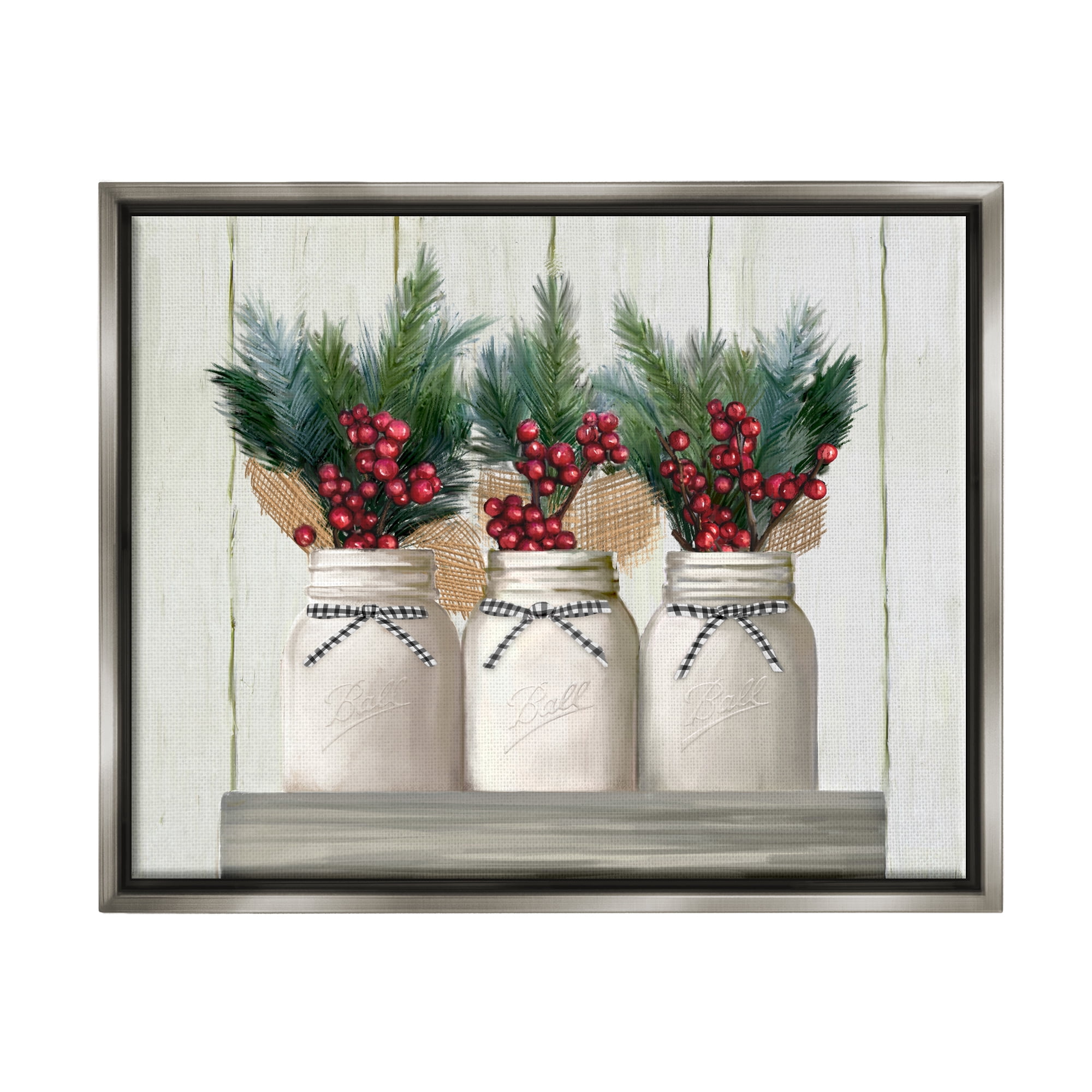 Stupell Industries White Country Jars with Christmas Berry Bouquets Luster Gray Framed Floating Canvas Wall Art, 16x20, by Ziwei Li
