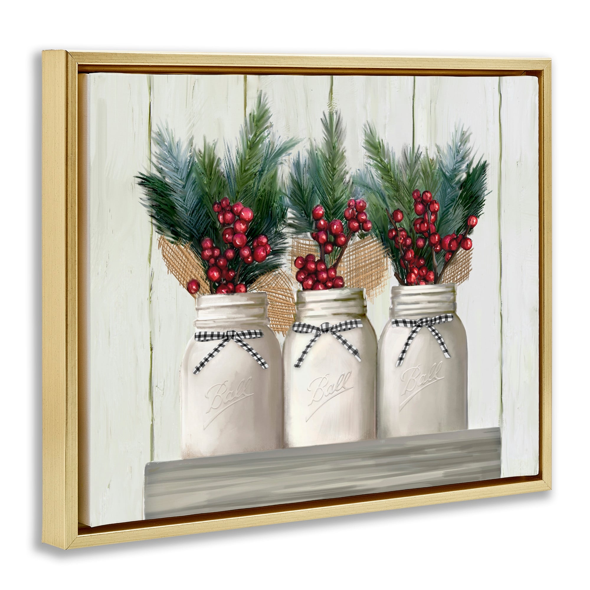Stupell Industries White Country Jars with Christmas Berry Bouquets Metallic Gold Framed Floating Canvas Wall Art, 16x20, by Ziwei Li