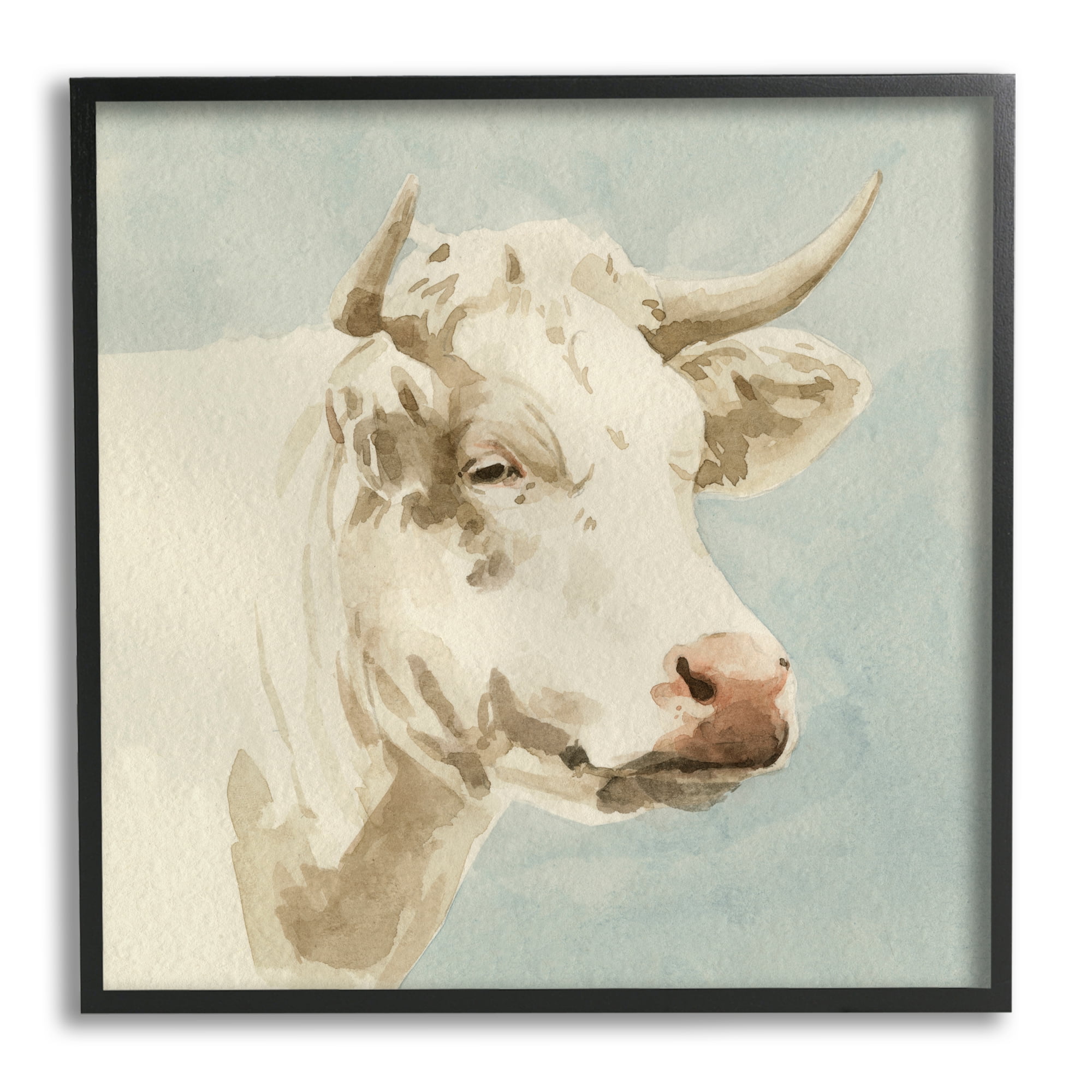 Stupell Industries White Cow Watercolor Animals & Insects Painting Black Framed Art Print Wall Art, 24 x 24