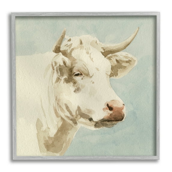 Stupell Industries White Cow Watercolor Animals & Insects Painting Gray Framed Art Print Wall Art, 12 x 12