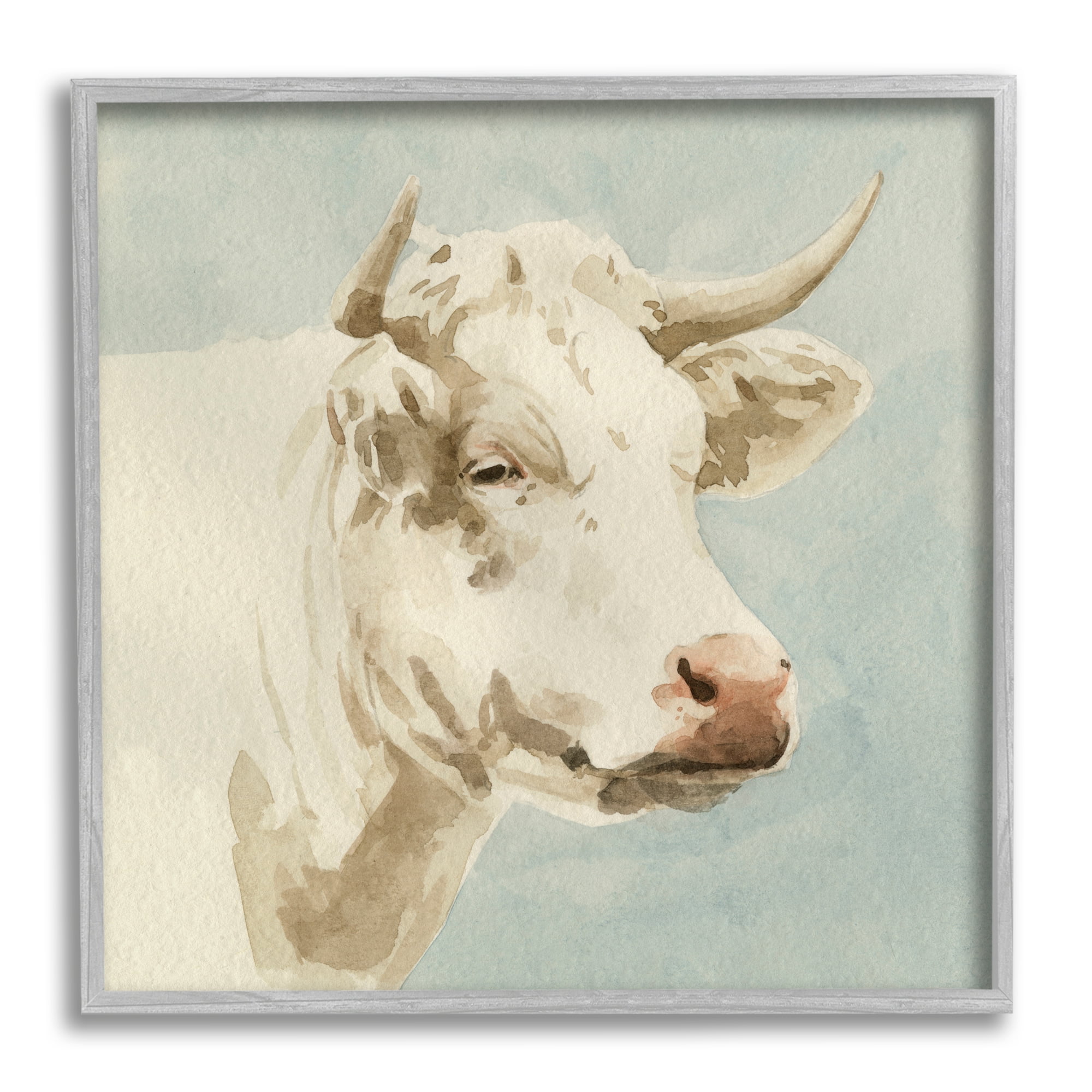 Stupell Industries White Cow Watercolor Animals & Insects Painting Gray Framed Art Print Wall Art, 24 x 24