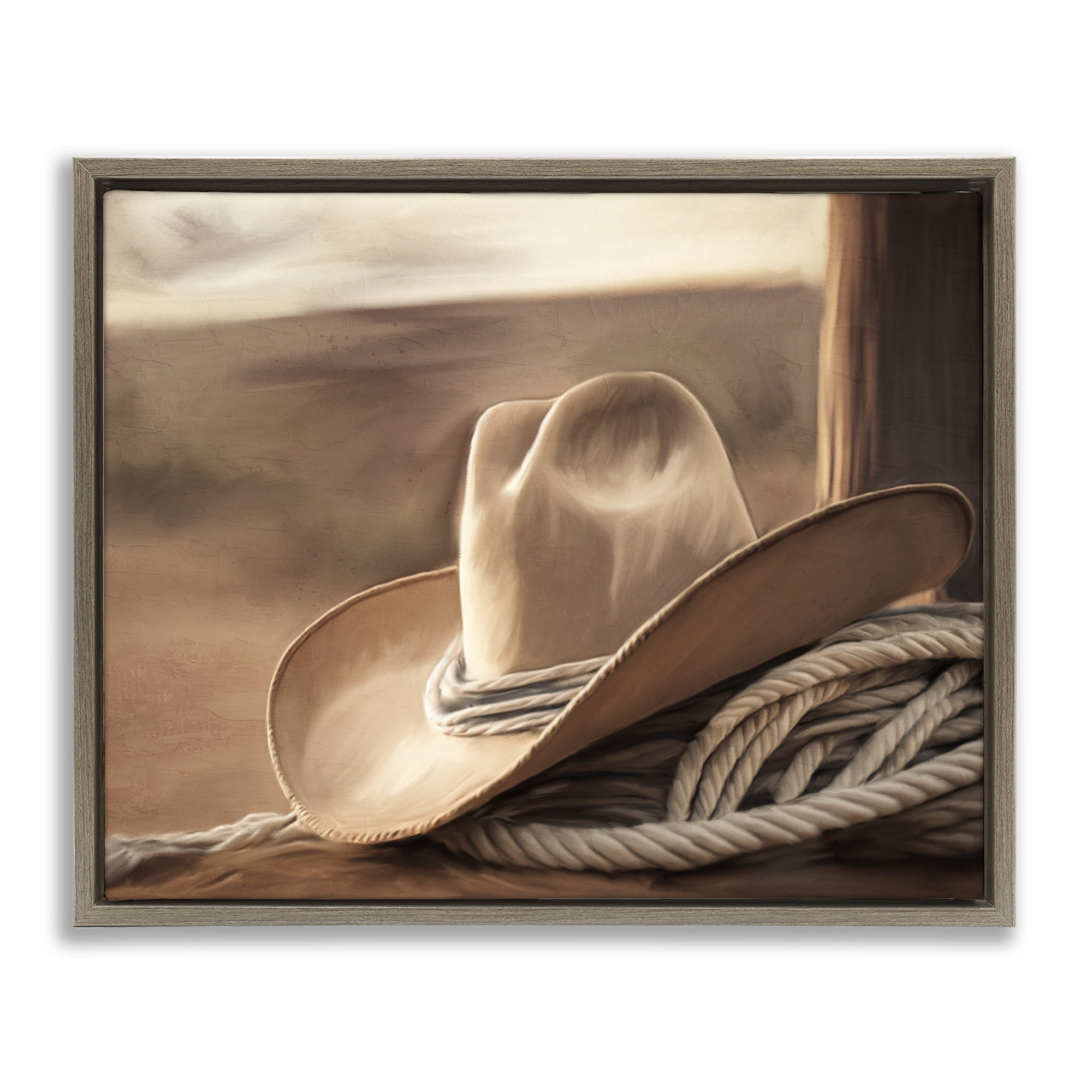 Stupell Industries White Cowboy Hat Brown Framed Floater Canvas Wall Art, design by Kim Allen