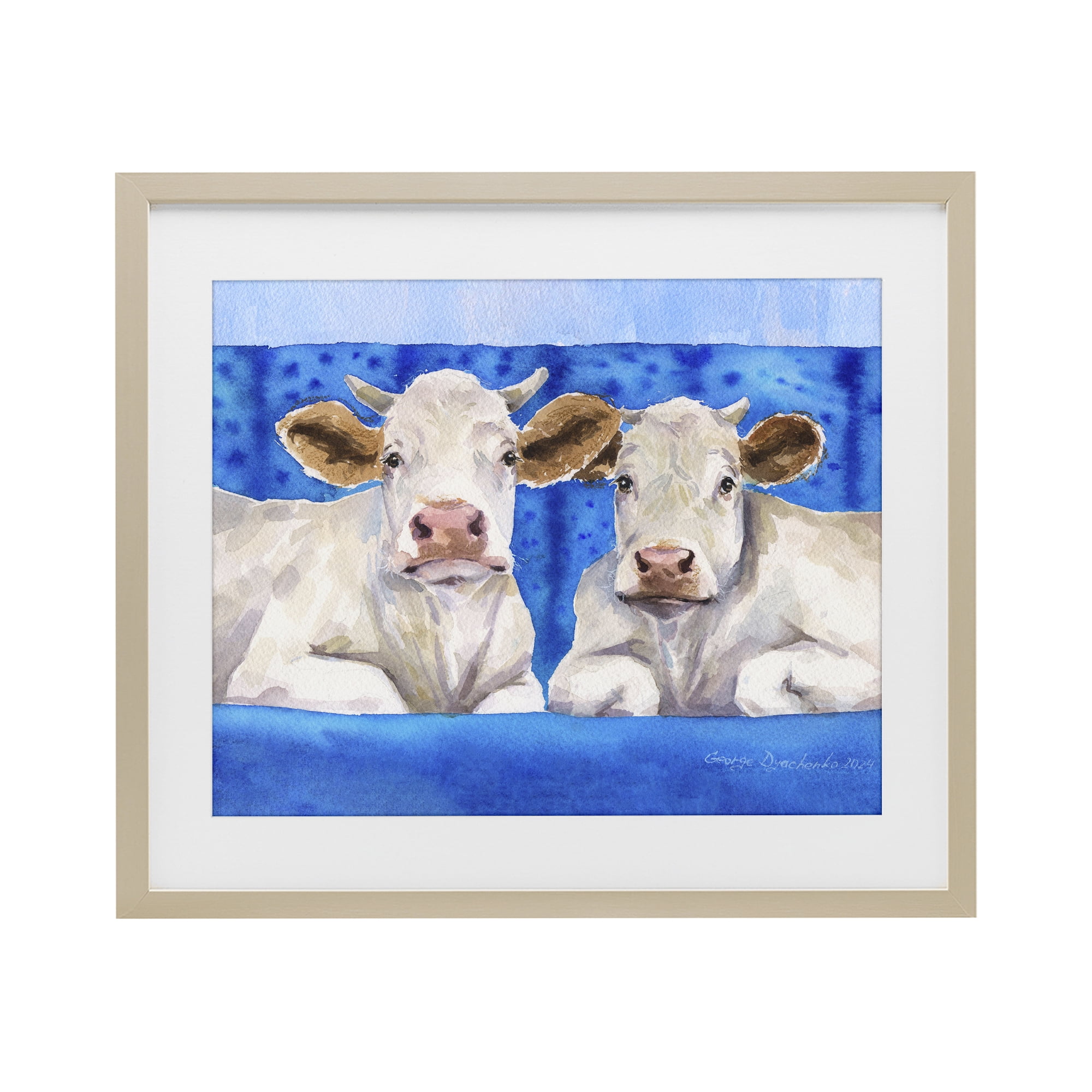 Stupell Industries White Cows on Blue Sofa Birch Framed Print Under Glass, design by George Dyachenko
