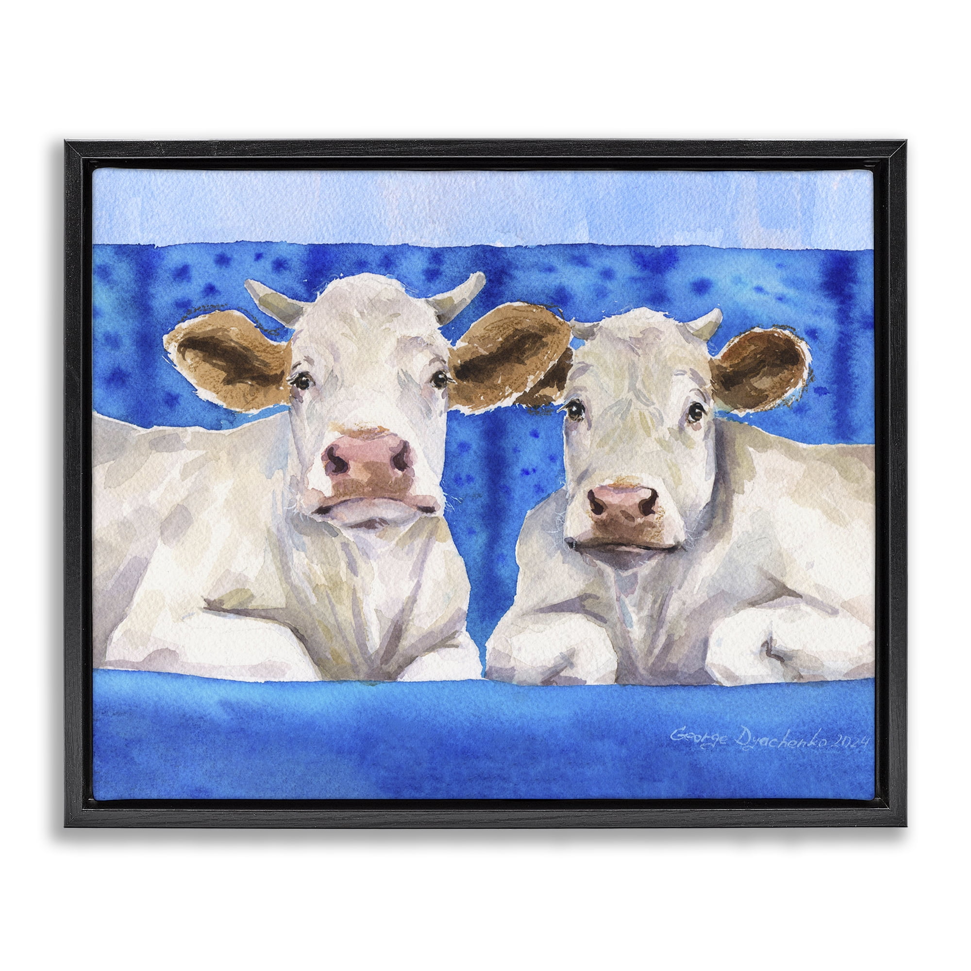 Stupell Industries White Cows on Blue Sofa Black Framed Floater Canvas Wall Art, design by George Dyachenko