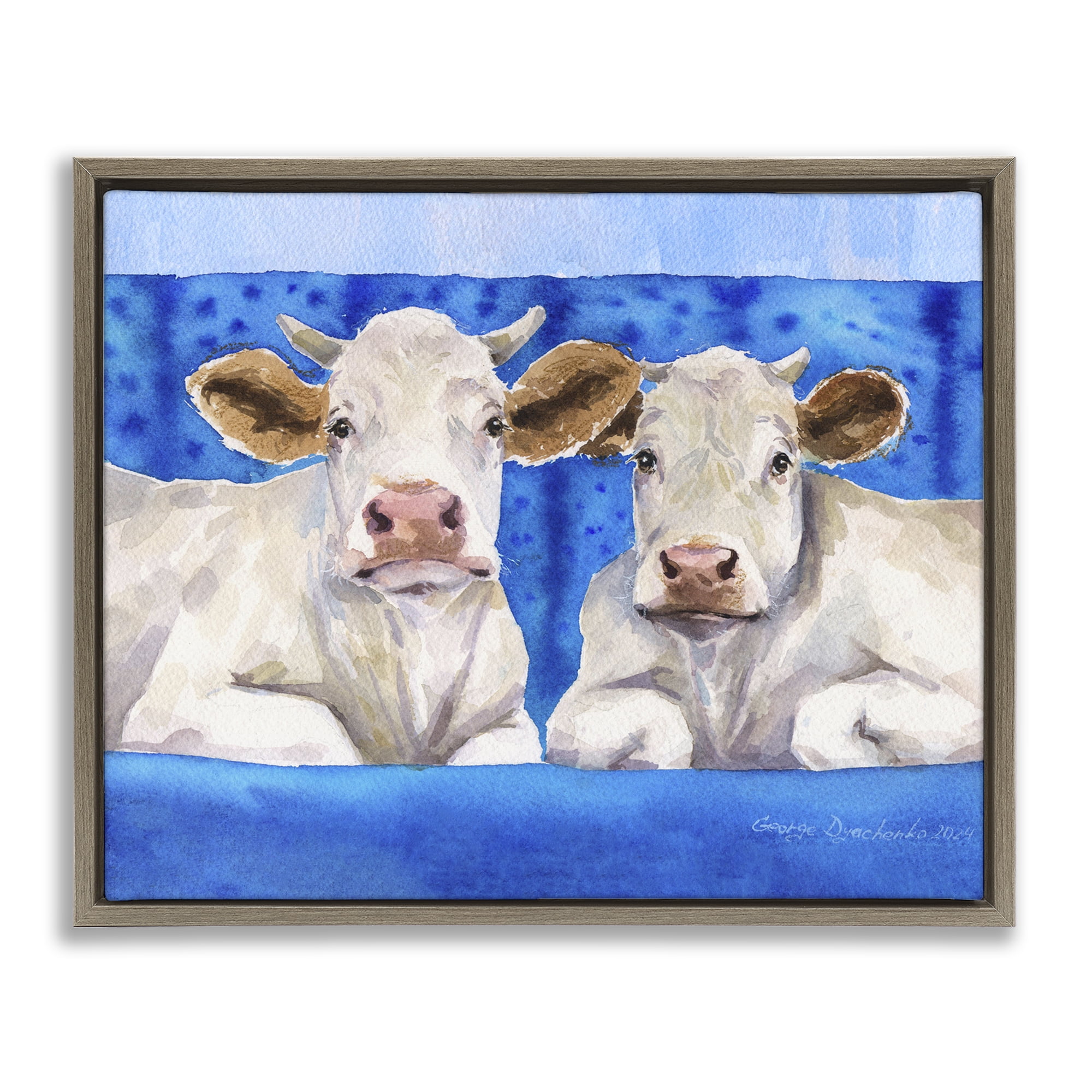 Stupell Industries White Cows on Blue Sofa Brown Framed Floater Canvas Wall Art, design by George Dyachenko