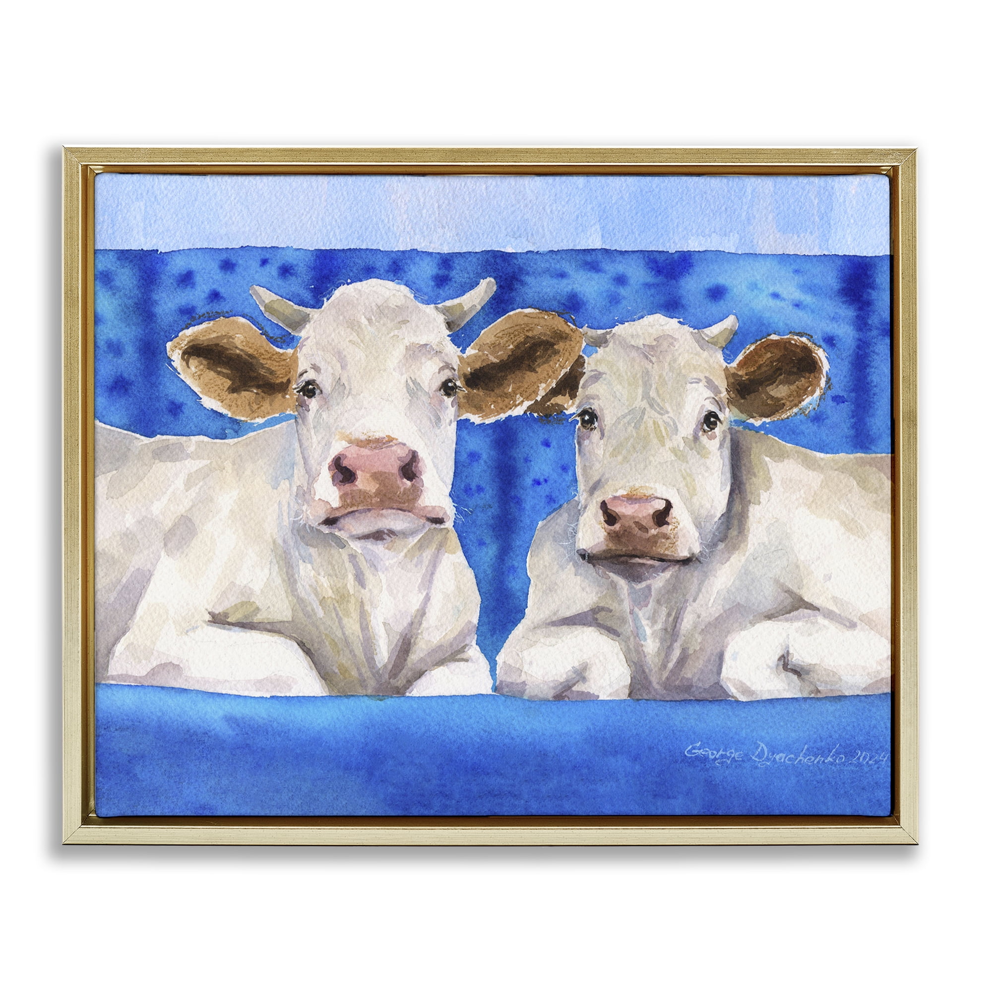 Stupell Industries White Cows on Blue Sofa Gold Framed Floater Canvas Wall Art, design by George Dyachenko