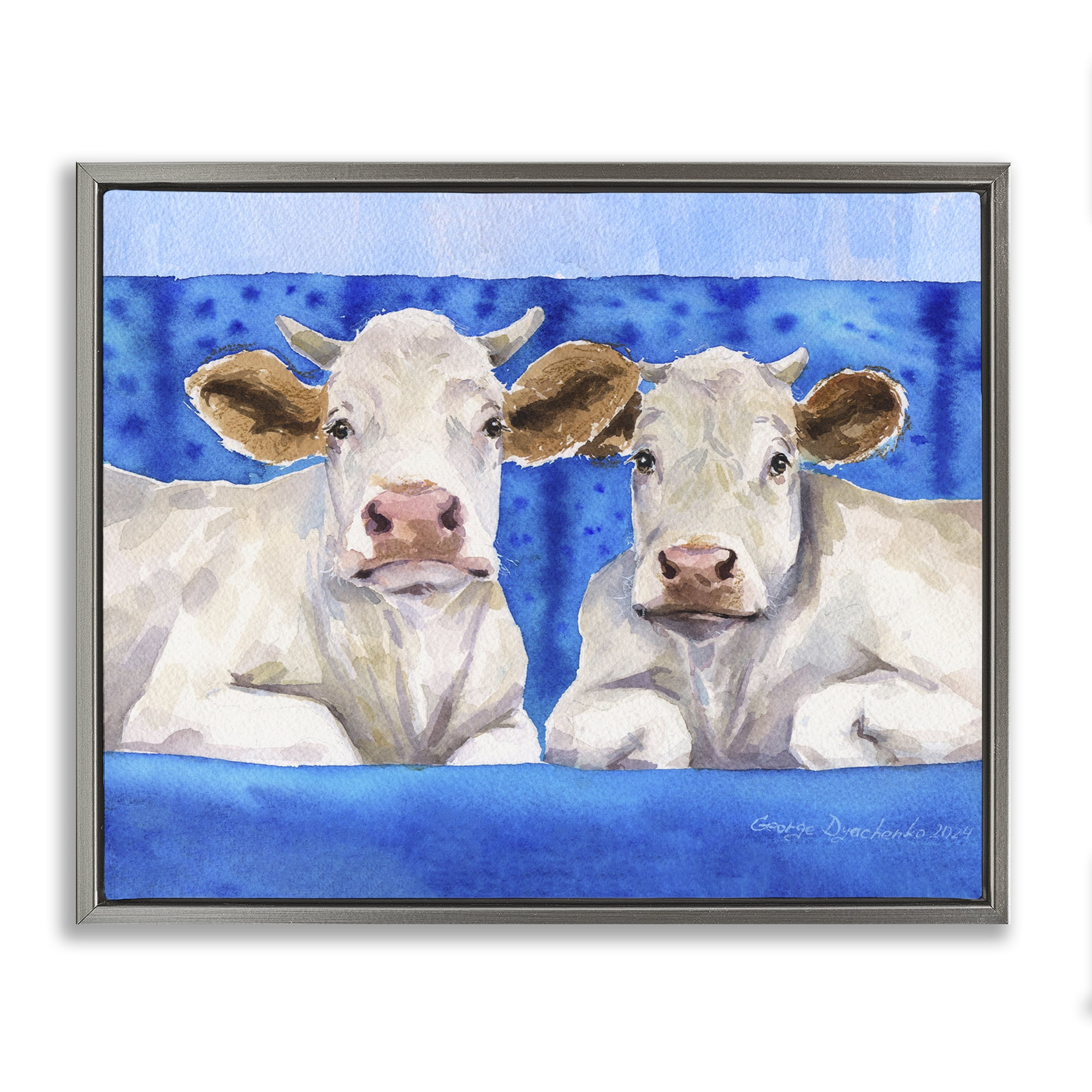 Stupell Industries White Cows on Blue Sofa Gray Framed Floater Canvas Wall Art, design by George Dyachenko