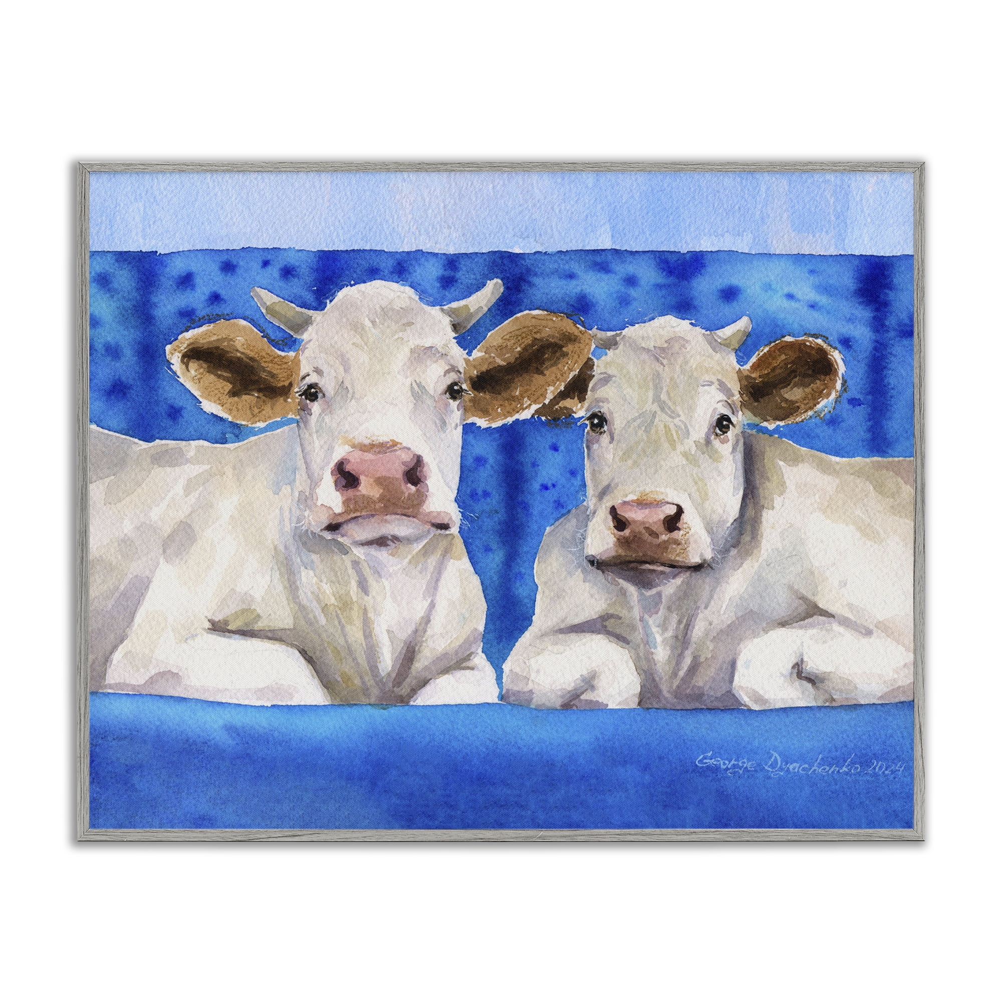 Stupell Industries White Cows on Blue Sofa Gray Framed Giclee Art, design by George Dyachenko