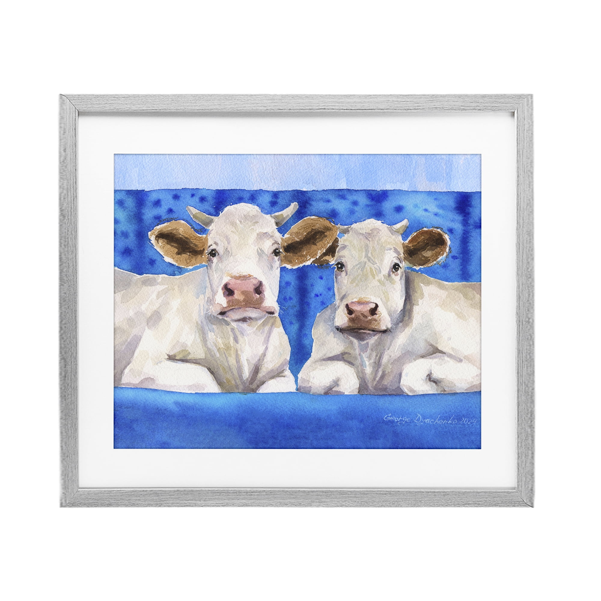 Stupell Industries White Cows on Blue Sofa Gray Framed Print Under Glass, design by George Dyachenko