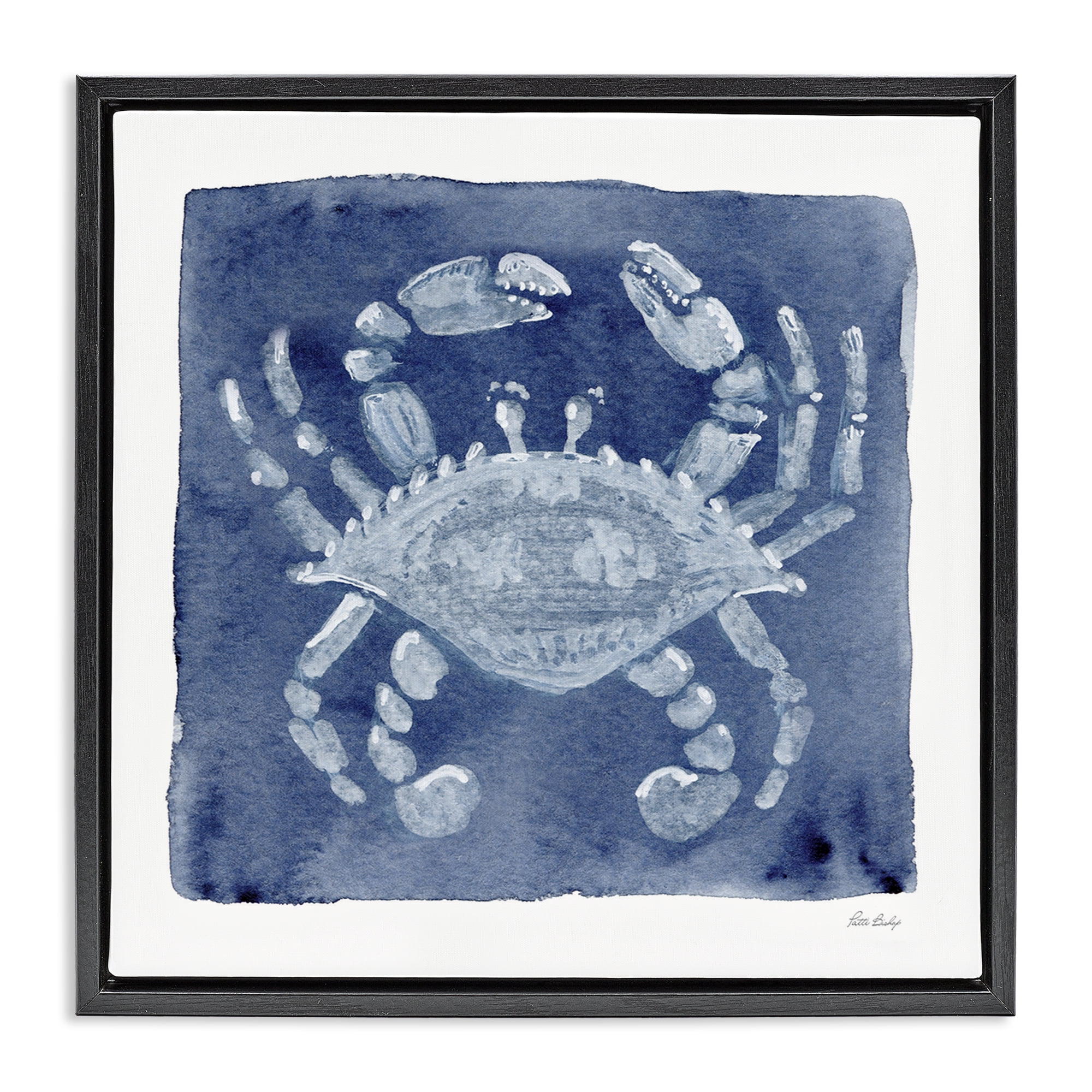 Stupell Industries White Crab on Indigo Black Framed Floater Canvas Wall Art, design by Patti Bishop