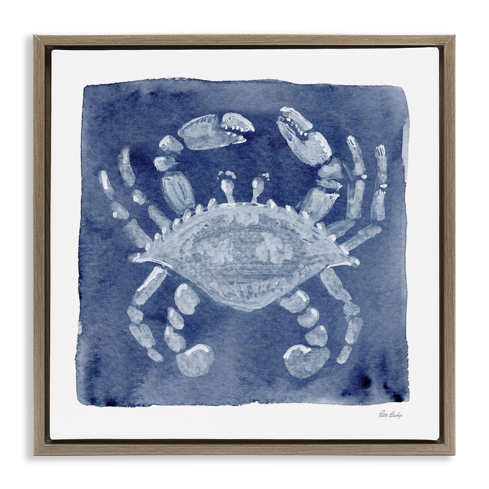 Stupell Industries White Crab on Indigo Brown Framed Floater Canvas Wall Art, design by Patti Bishop