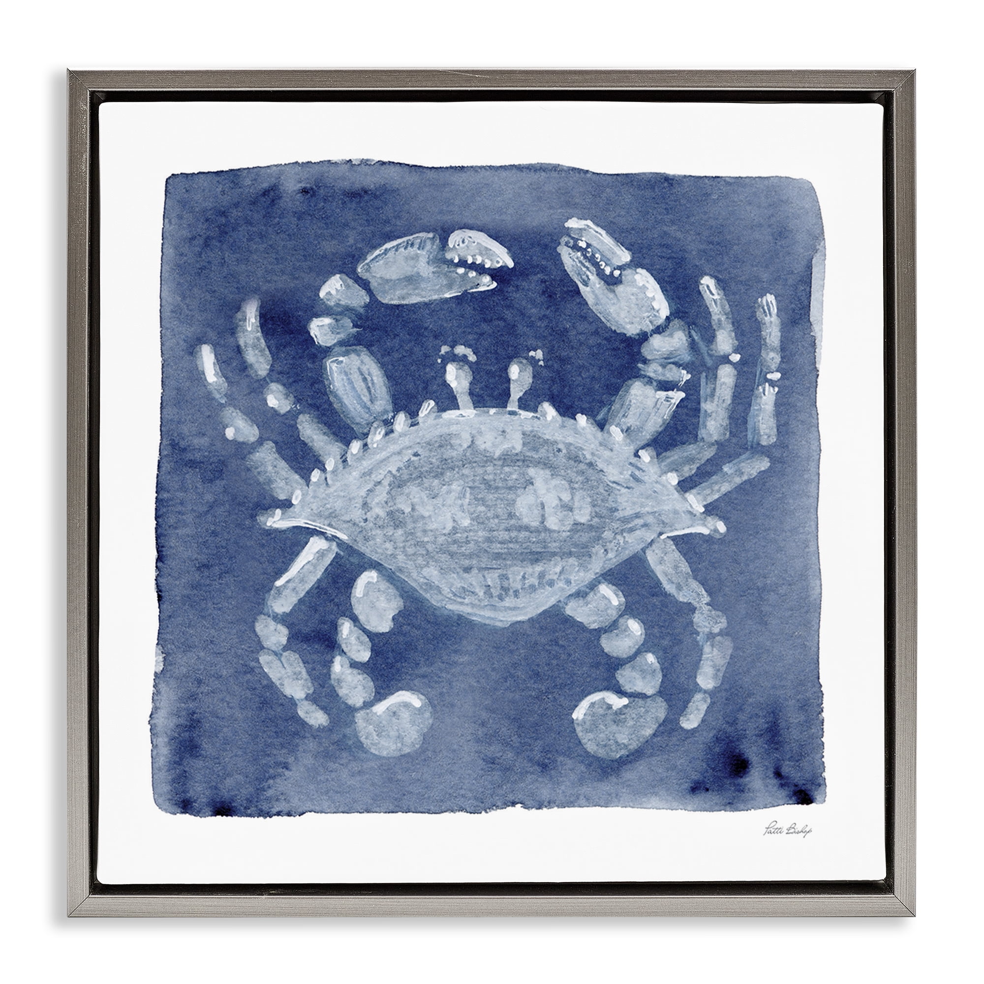 Stupell Industries White Crab on Indigo Gray Framed Floater Canvas Wall Art, design by Patti Bishop