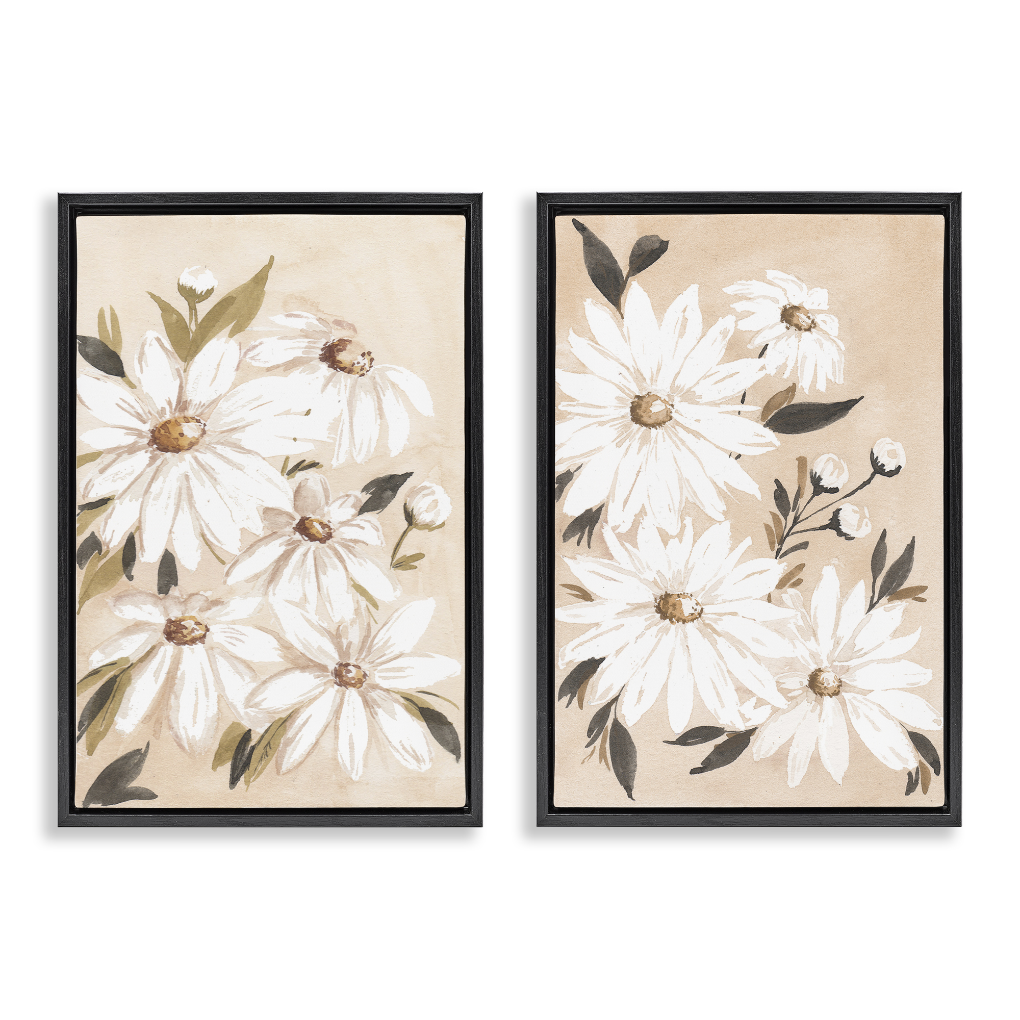 Stupell Industries White Daises on Peach Plants & Flowers Painting Black Floater Framed Canvas Art Print Wall Art, 17 x 25, Set of 2