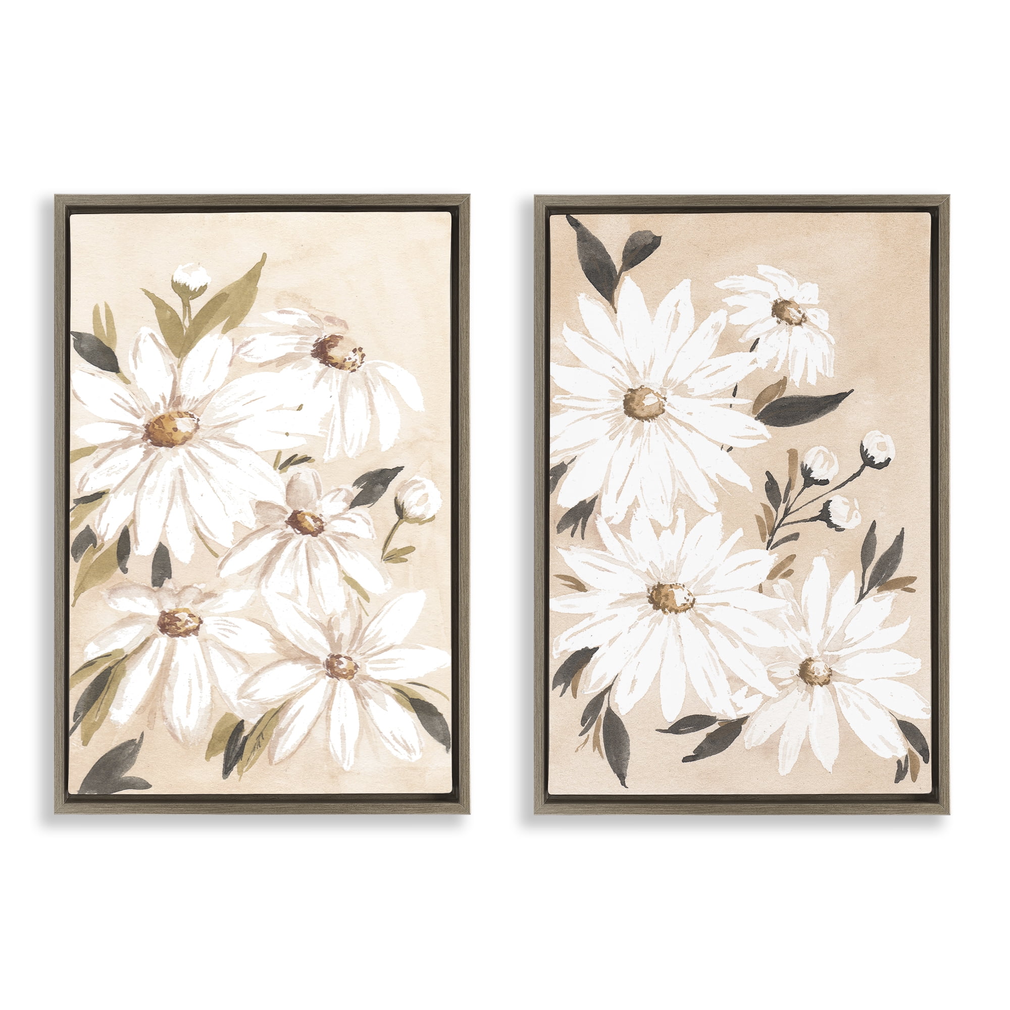 Stupell Industries White Daises on Peach Plants & Flowers Painting Brown Floater Framed Canvas Art Print Wall Art, 21 x 31, Set of 2