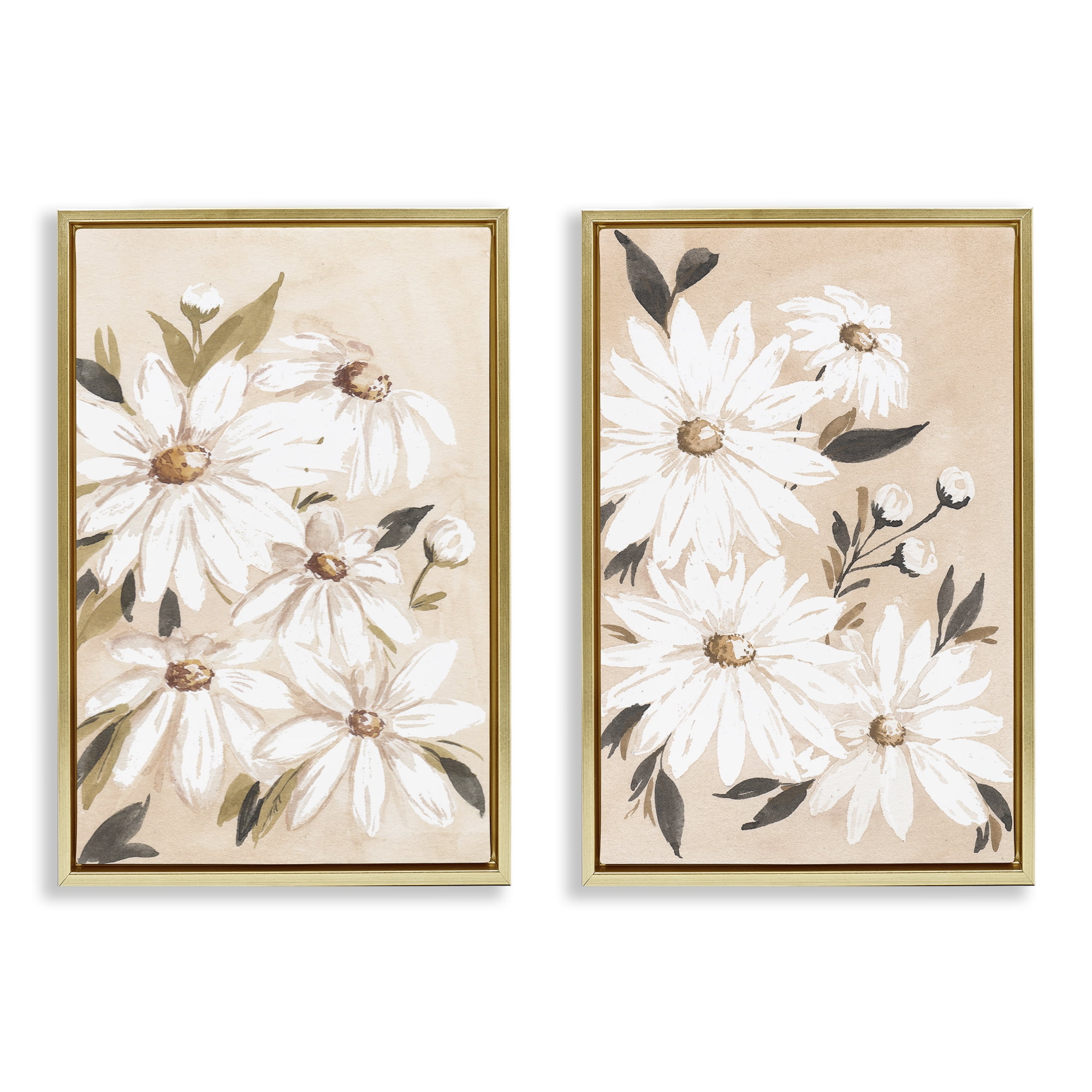Stupell Industries White Daises on Peach Plants & Flowers Painting Gold Floater Framed Canvas Art Print Wall Art, 17 x 25, Set of 2