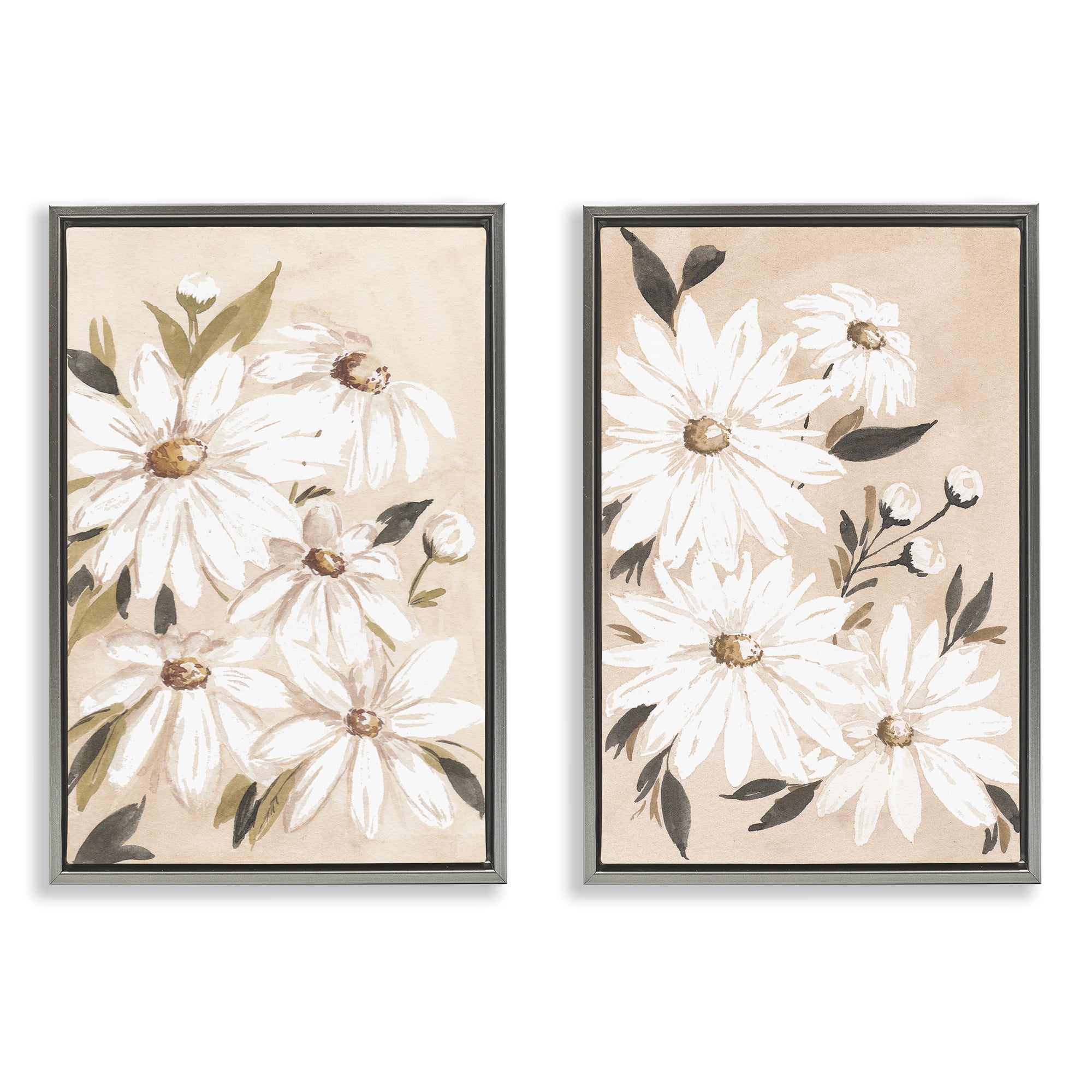 Stupell Industries White Daises on Peach Plants & Flowers Painting Gray Floater Framed Canvas Art Print Wall Art, 17 x 25, Set of 2