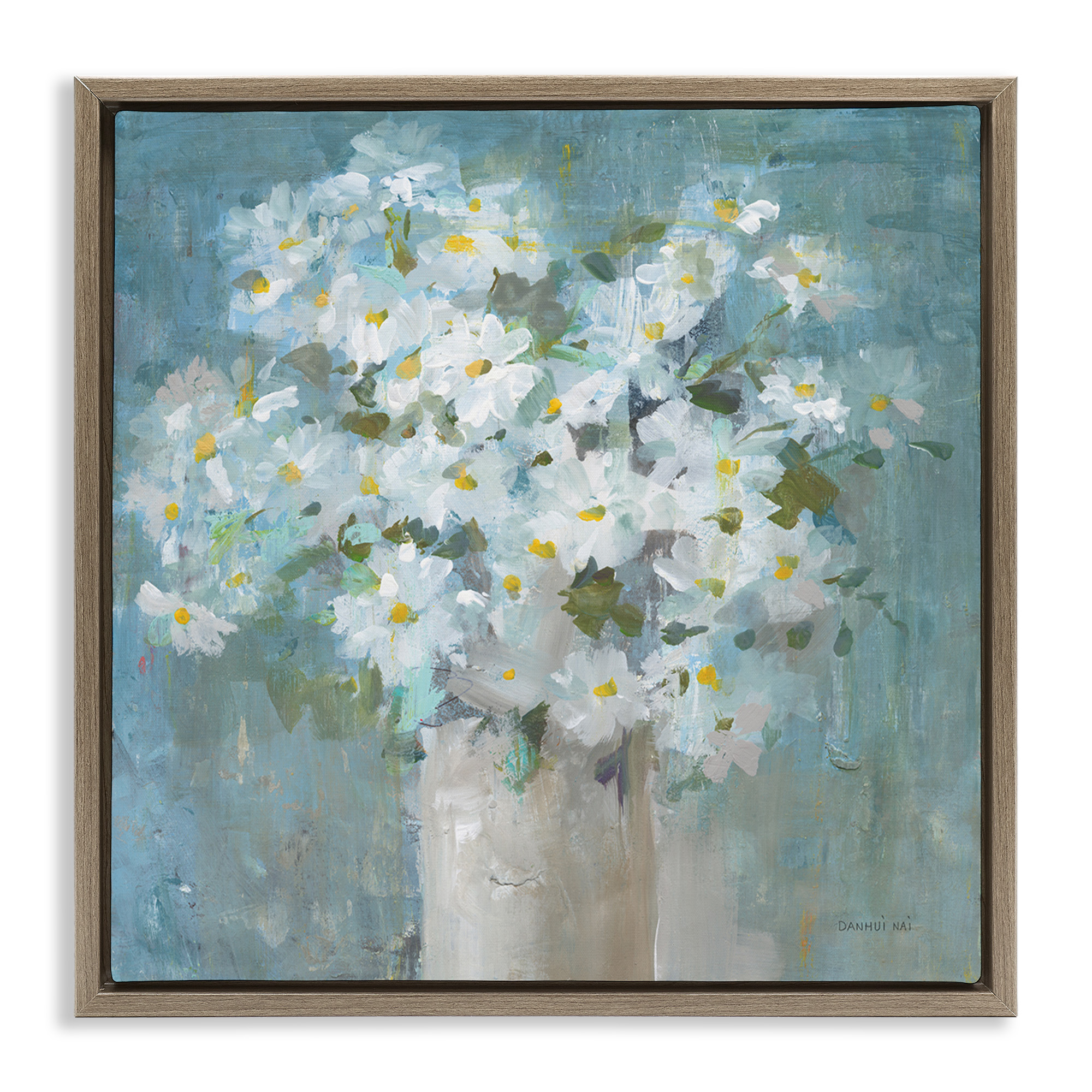 Stupell Industries White Daisy Blooms Abstract Flowers Botanical & Floral Painting Brown Floater Framed Canvas Art Print Wall Art, 25 x 25