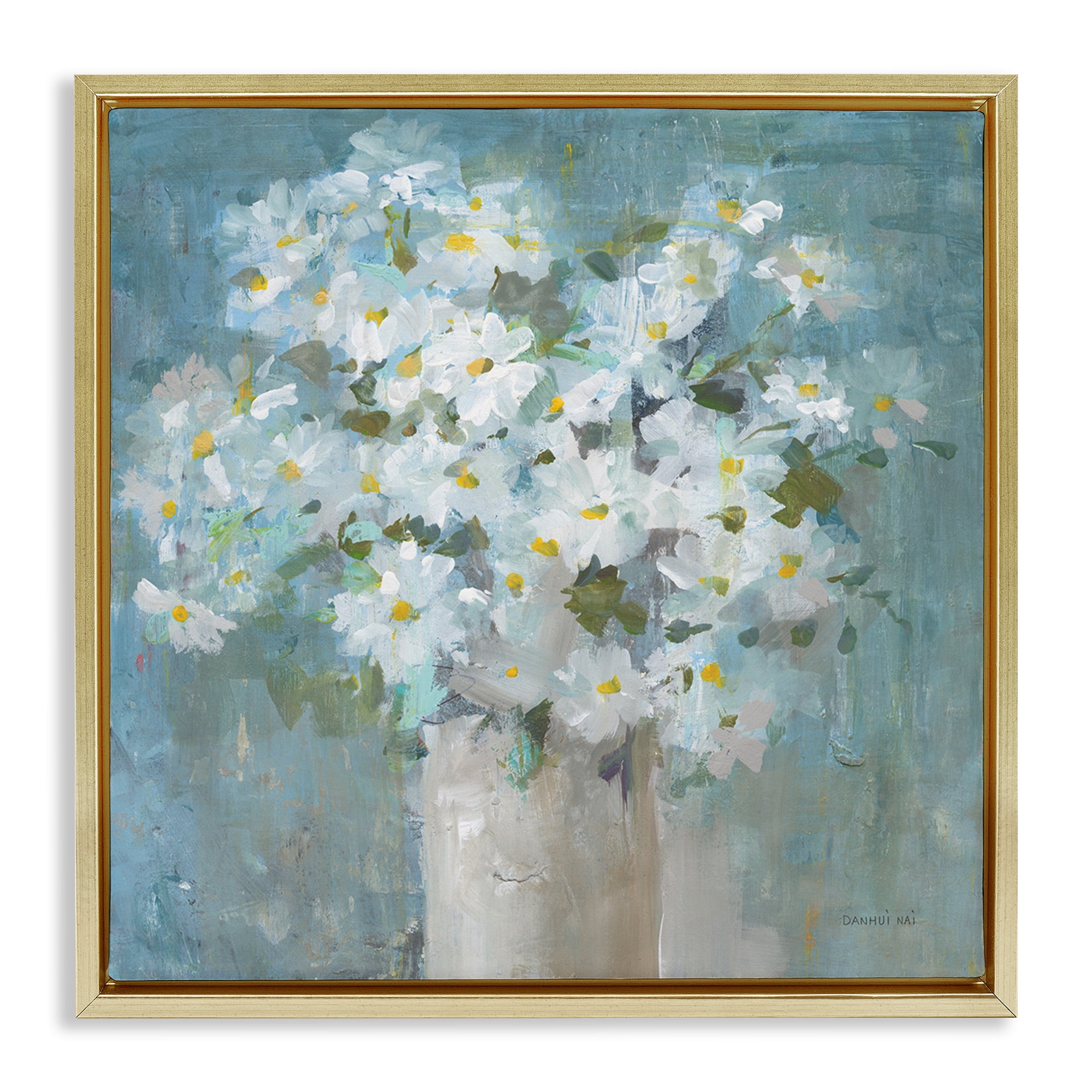 Stupell Industries White Daisy Blooms Abstract Flowers Botanical & Floral Painting Gold Floater Framed Canvas Art Print Wall Art, 18 x 18