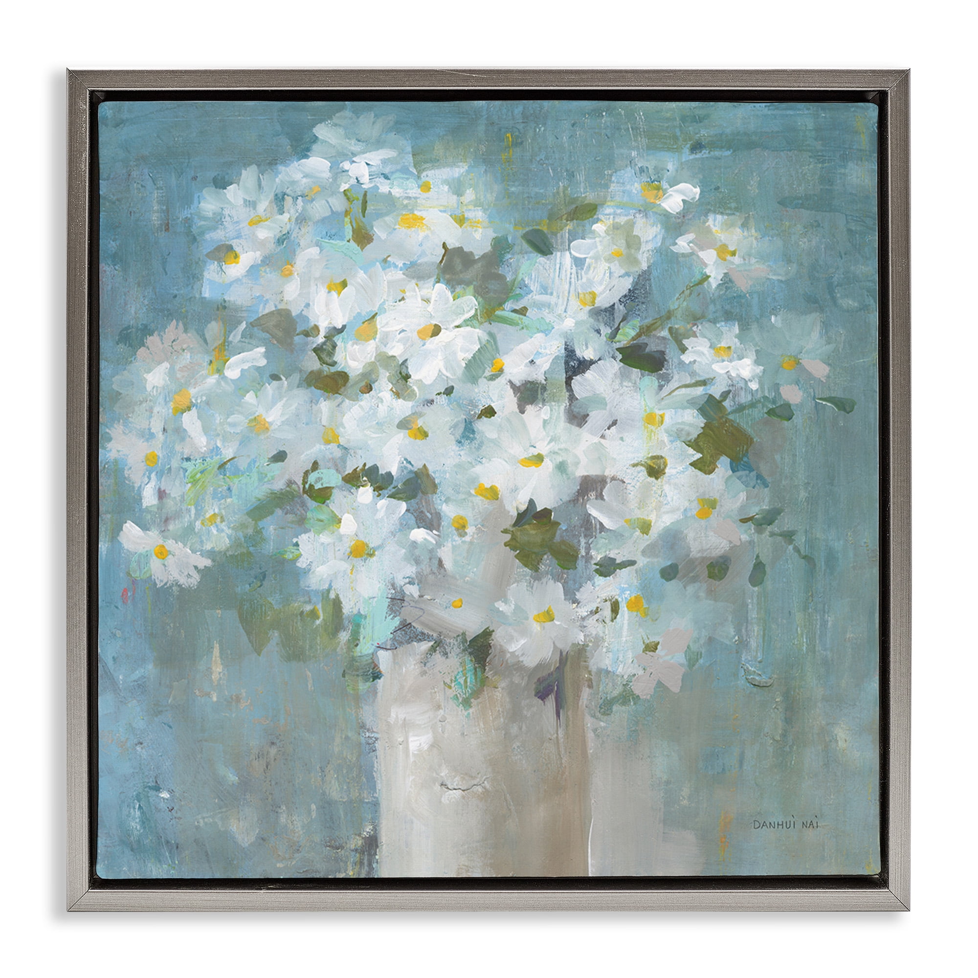 Stupell Industries White Daisy Blooms Abstract Flowers Botanical & Floral Painting Gray Floater Framed Canvas Art Print Wall Art, 25 x 25