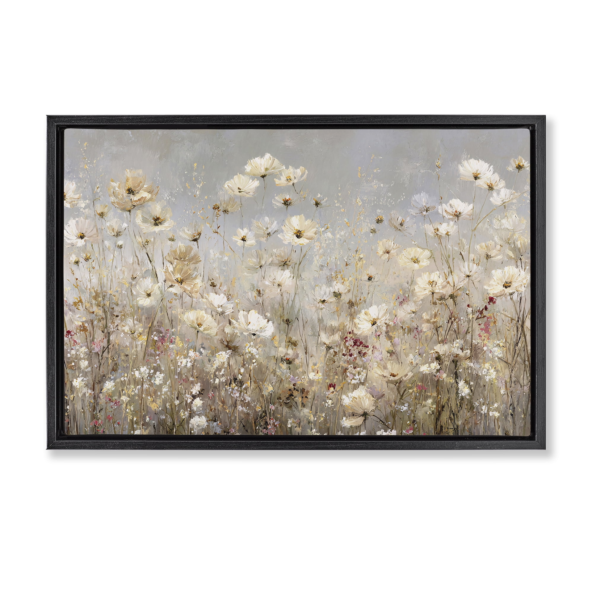 Stupell Industries White Daisy Clusters Meadow Black Framed Floater Canvas Wall Art, design by Jacky Ngan