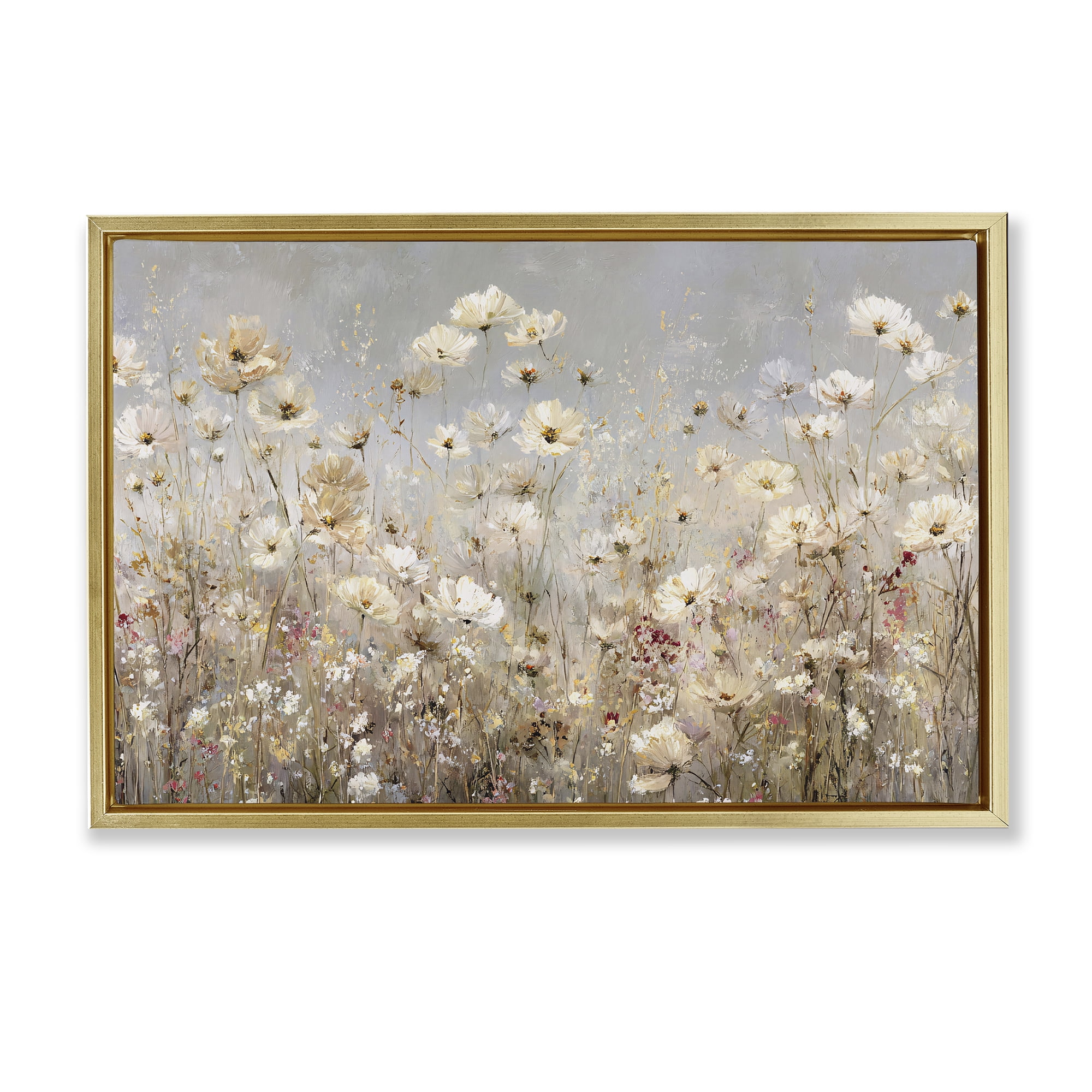 Stupell Industries White Daisy Clusters Meadow Gold Framed Floater Canvas Wall Art, design by Jacky Ngan