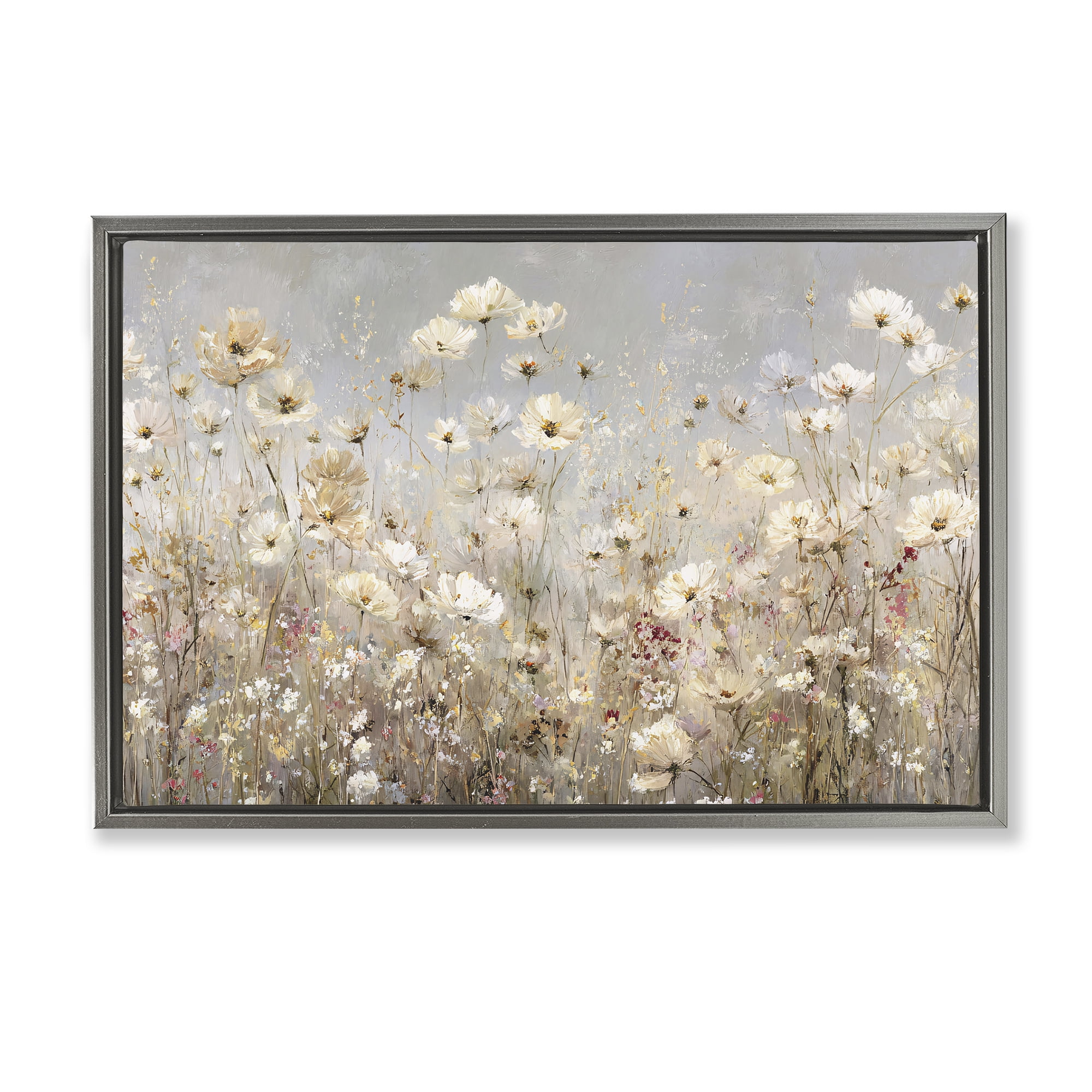 Stupell Industries White Daisy Clusters Meadow Gray Framed Floater Canvas Wall Art, design by Jacky Ngan