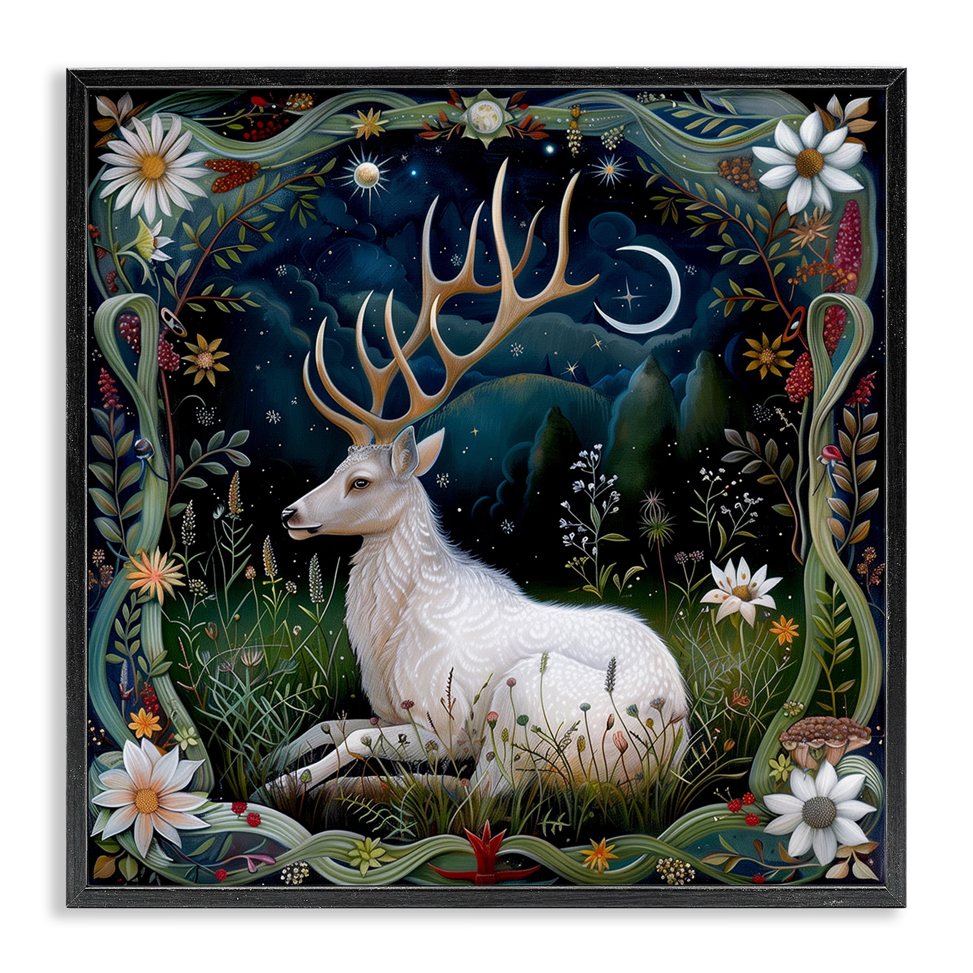 Stupell Industries White Deer Forest Scene Animals Painting Black Framed Art Print Wall Art, 24 x 24